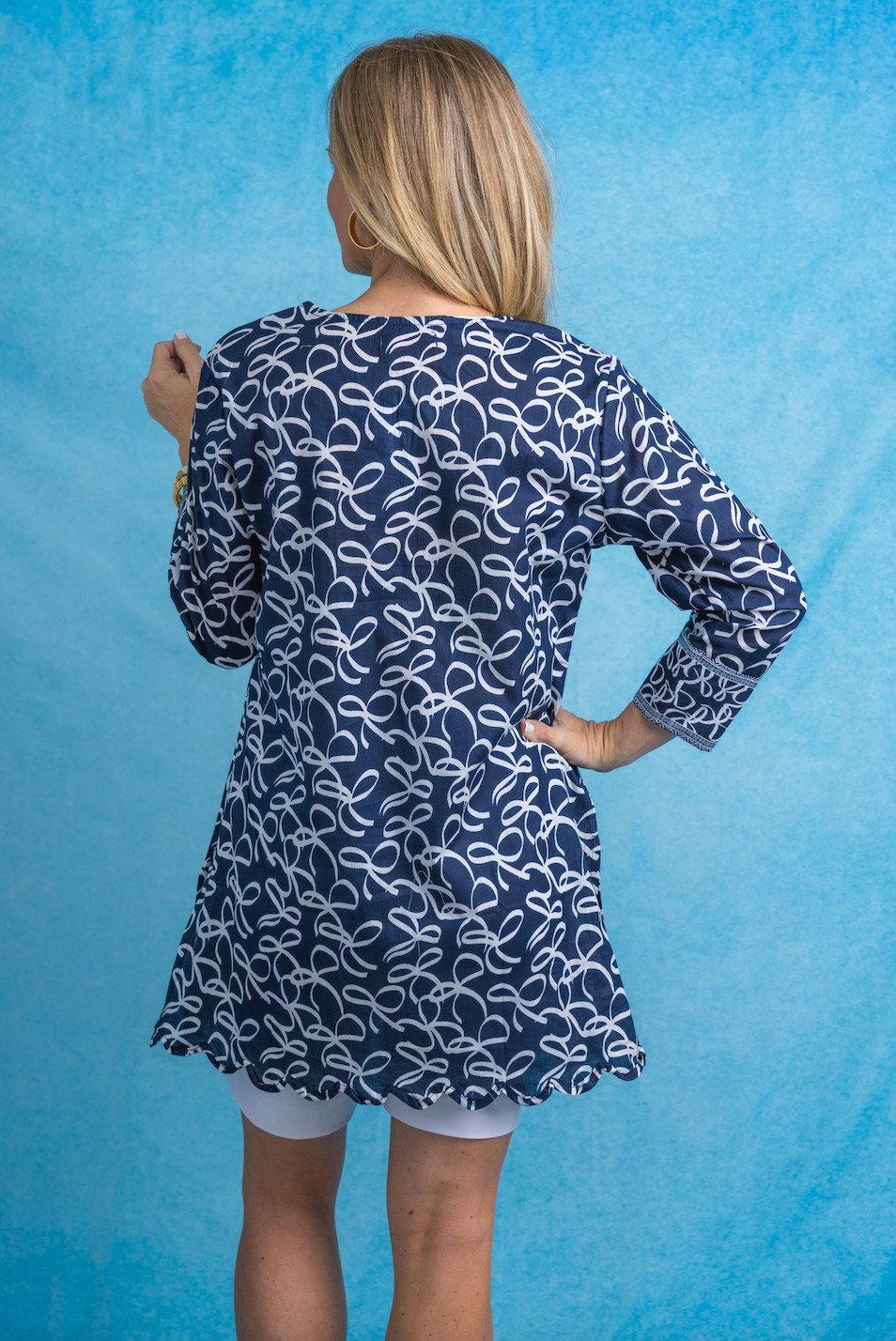 V-Neck Scalloped Tunic | Ribbons | Navy image 1