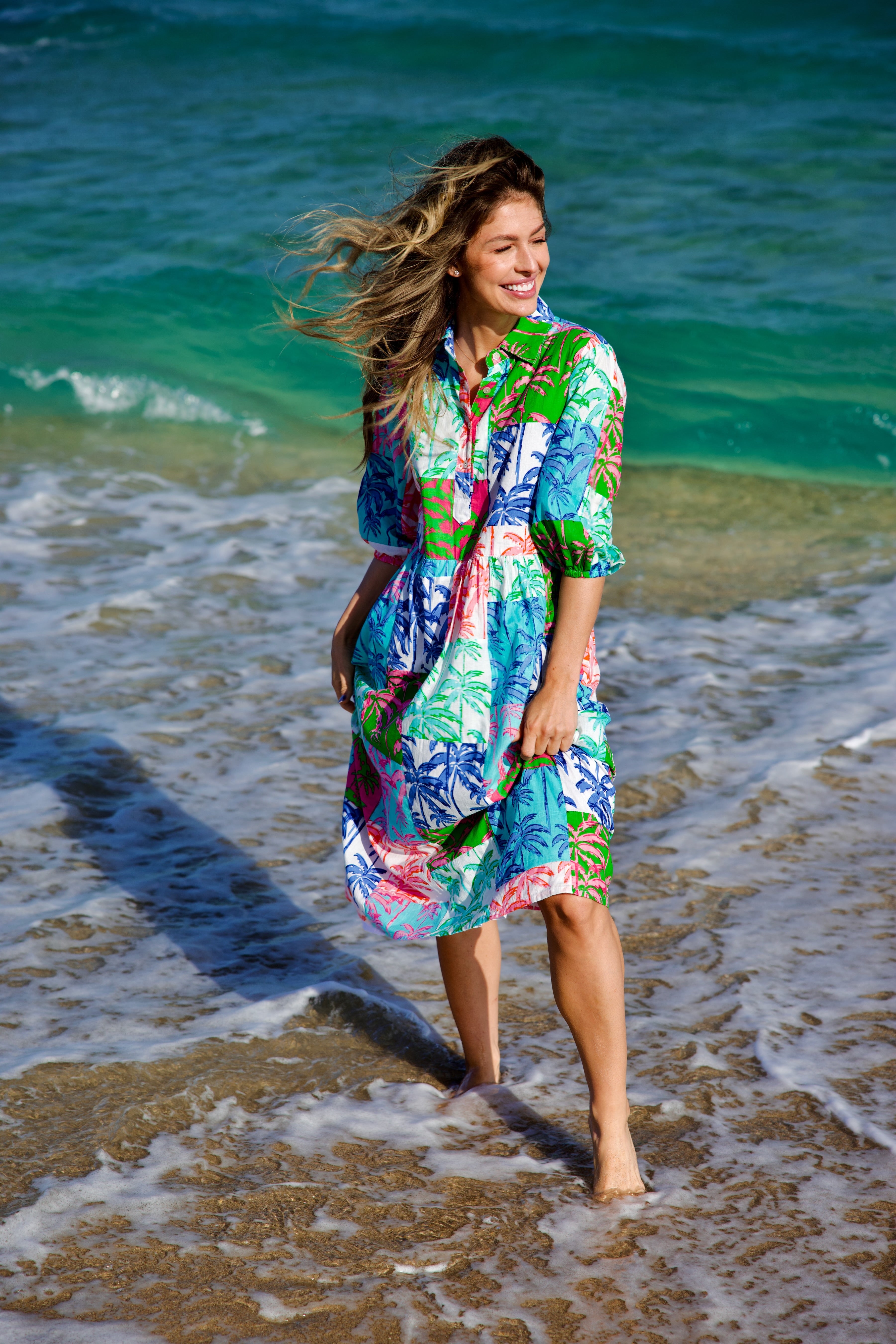 Frannie Dress Long | Paradise Palm Patchwork | Multi