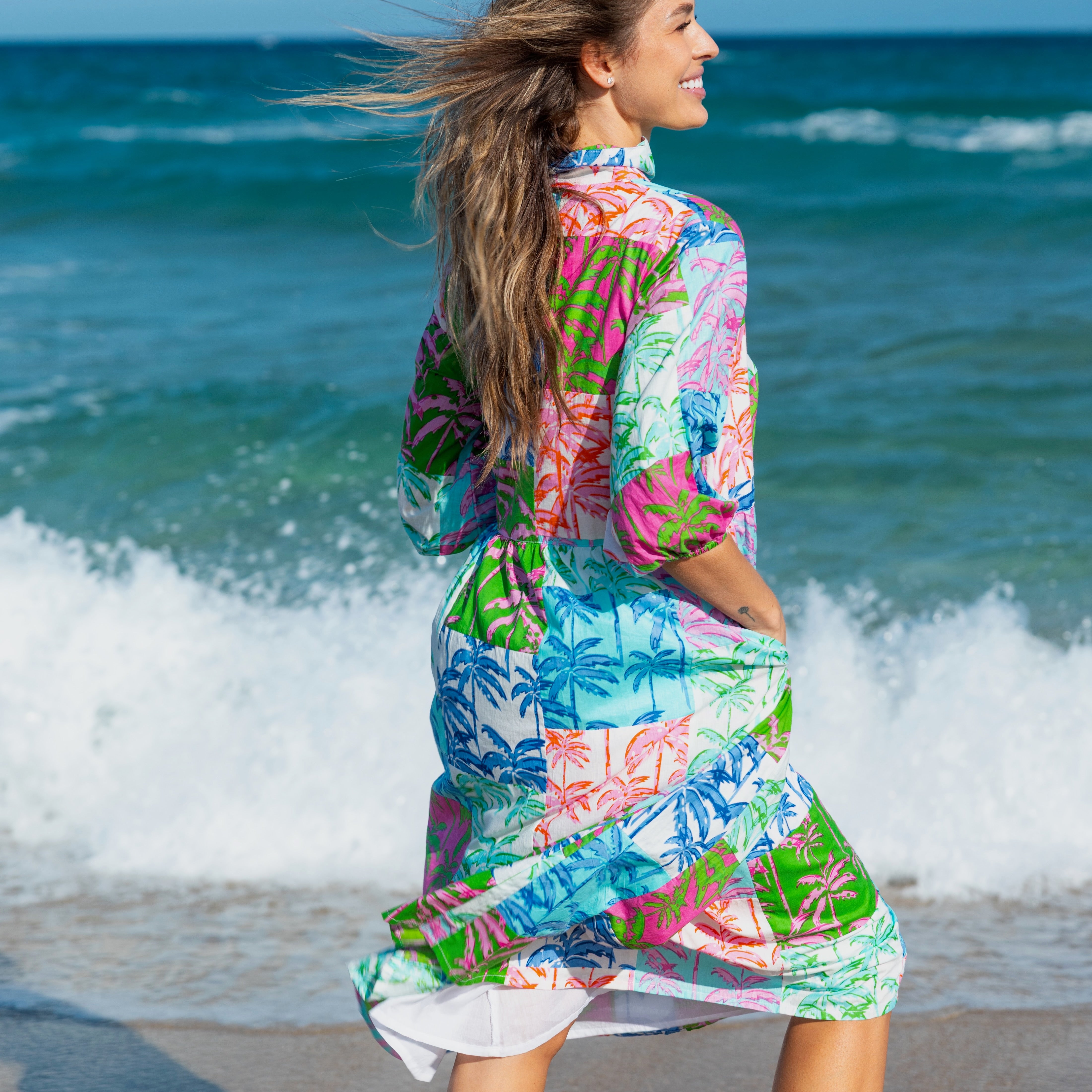 Frannie Dress Long | Paradise Palm Patchwork | Multi