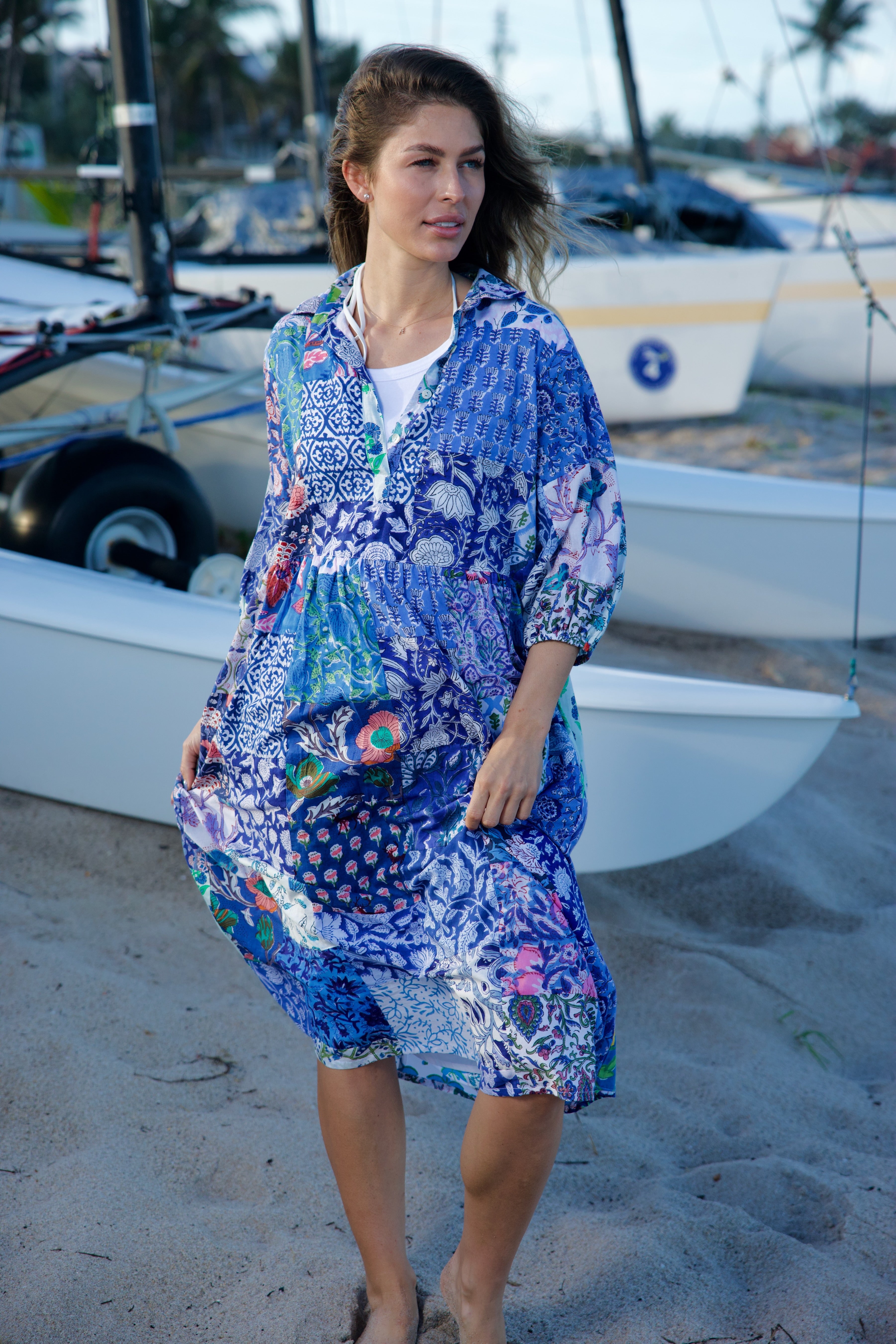 Frannie Dress Long | Blue Patchwork | Multi