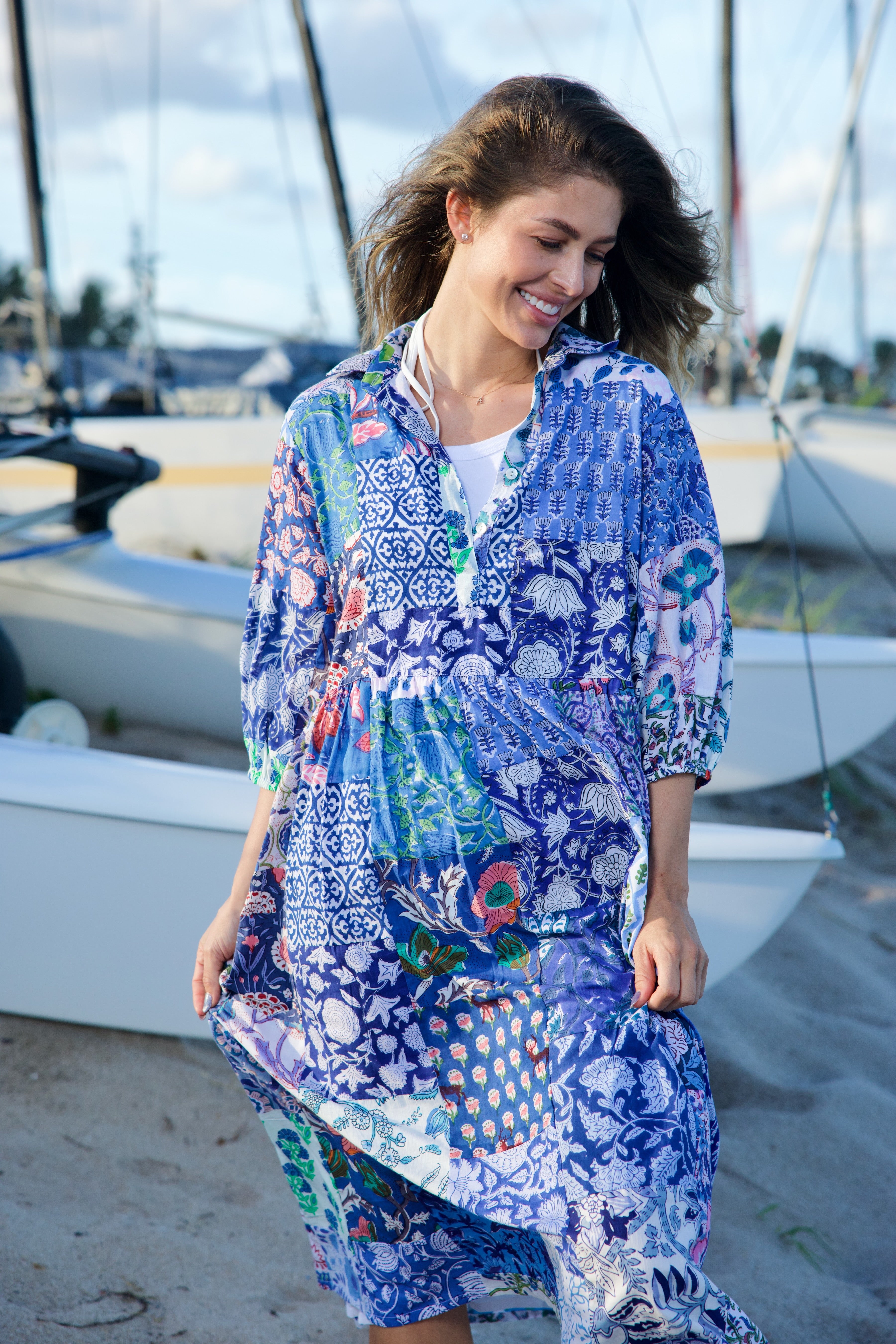 Frannie Dress Long | Blue Patchwork | Multi