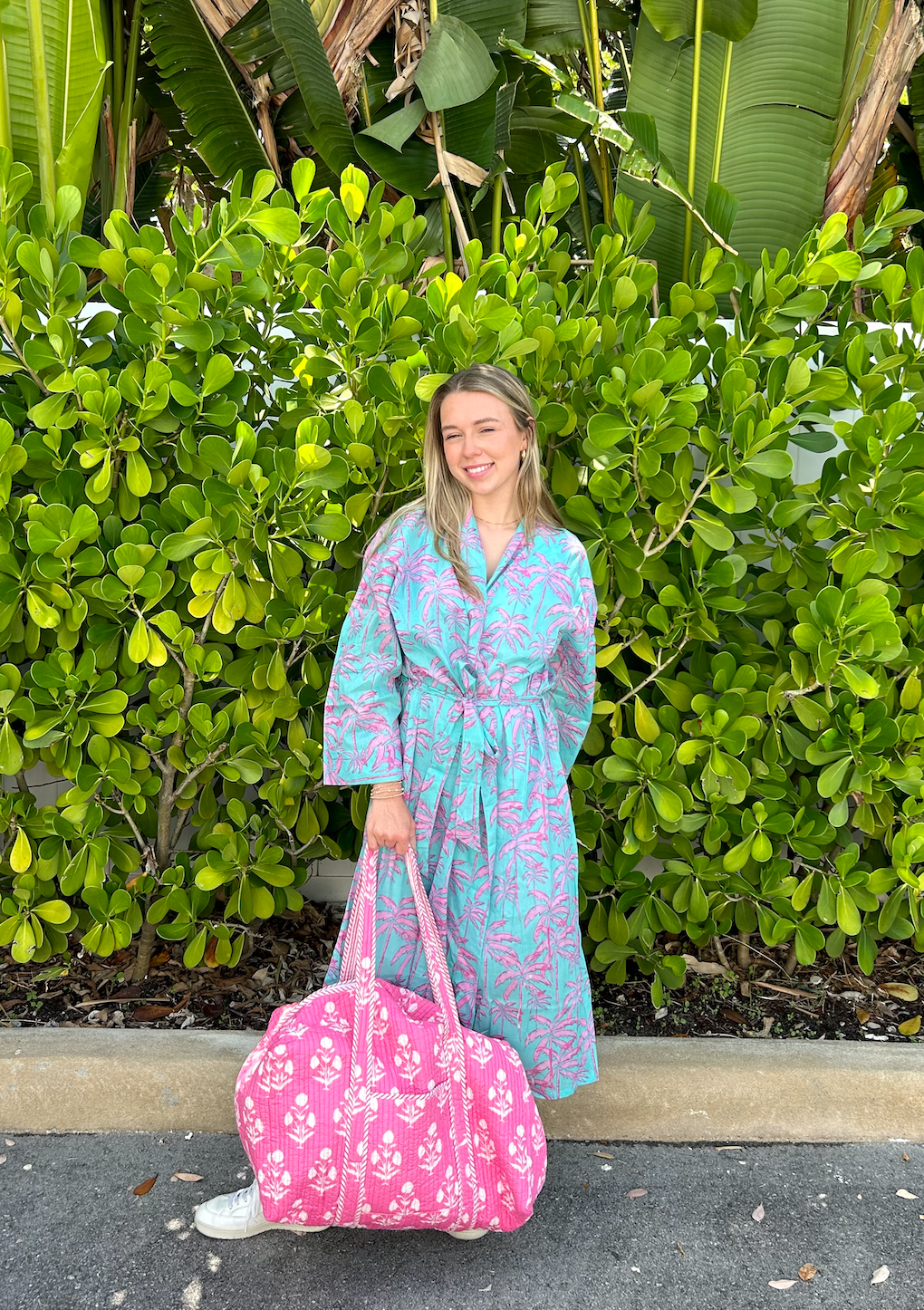 Long Kimono with Belt | Paradise Palm | Pink/Aqua image 3