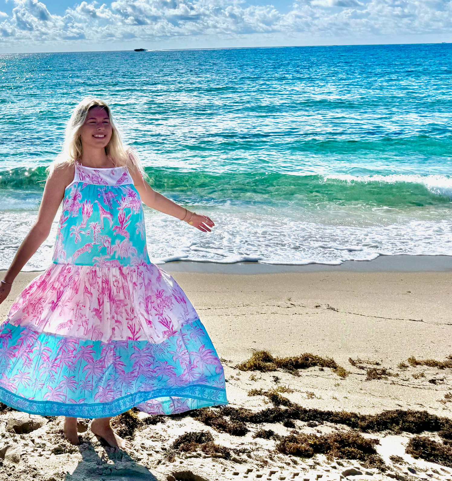 Meggie Dress | Tiered Jungle Toile | Aqua/Pink image 0