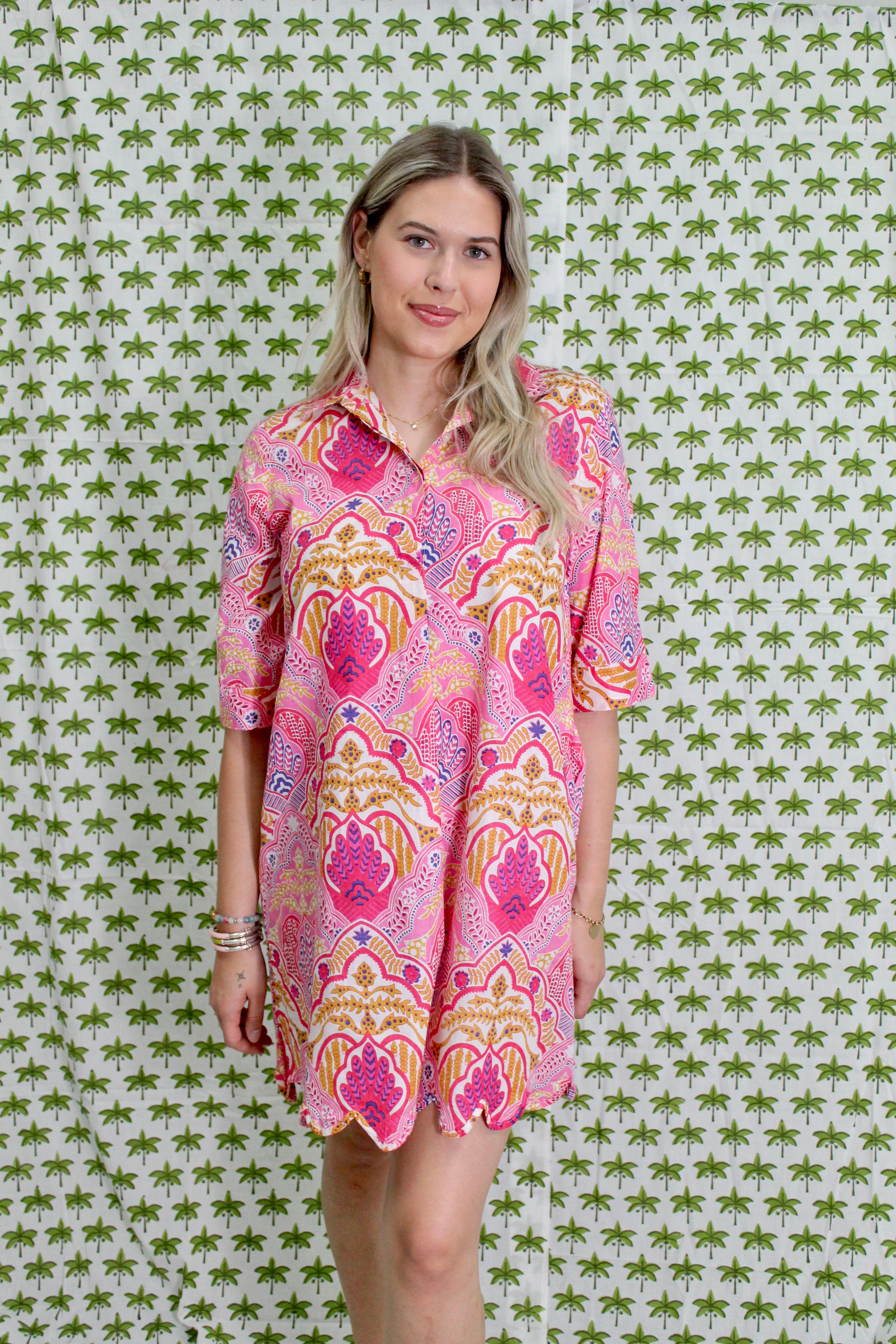 Scalloped Delray Dress | Boho Medallion | Pink image 1