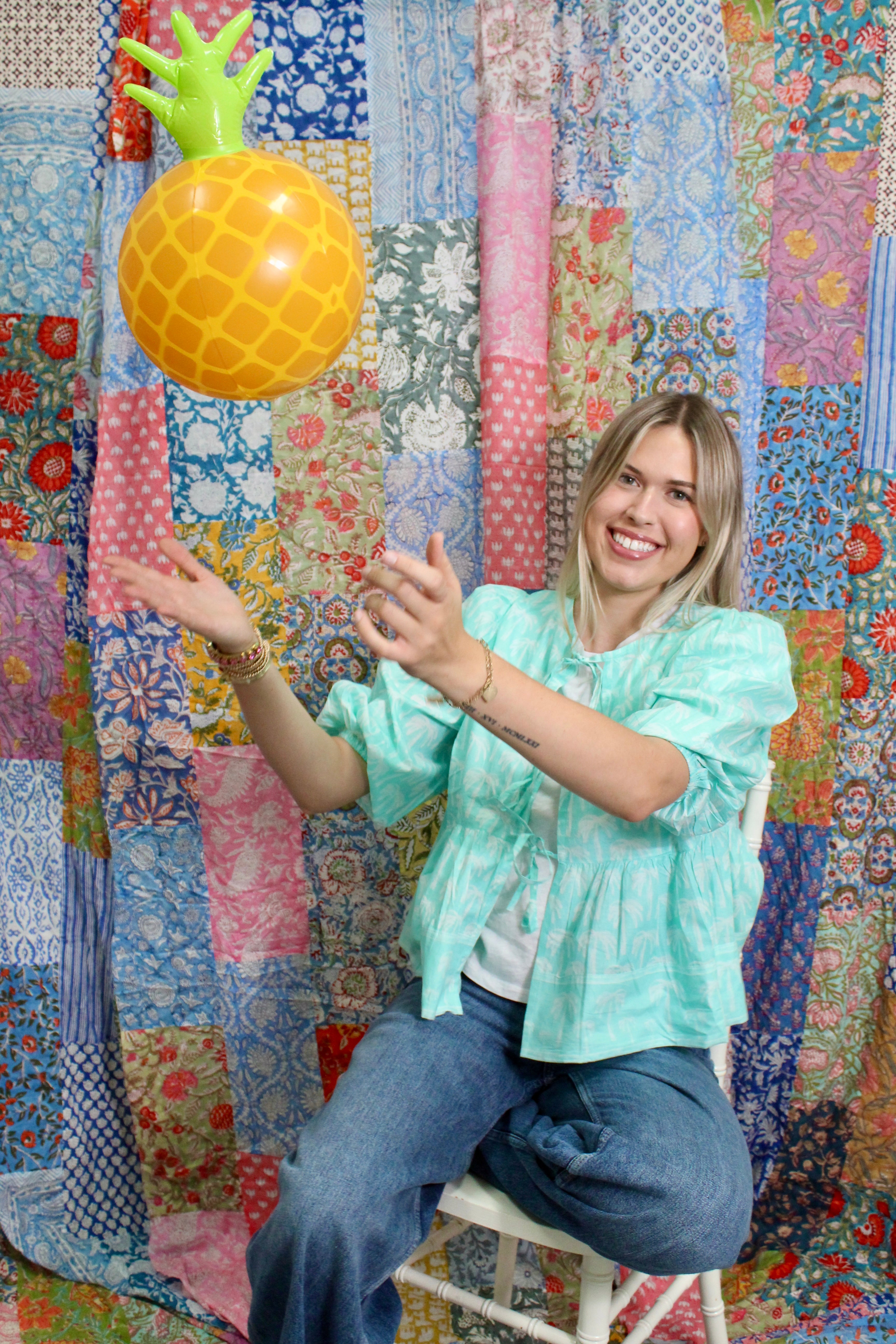 Ruffle Tie Top | Tropical Palm | Aqua image 2