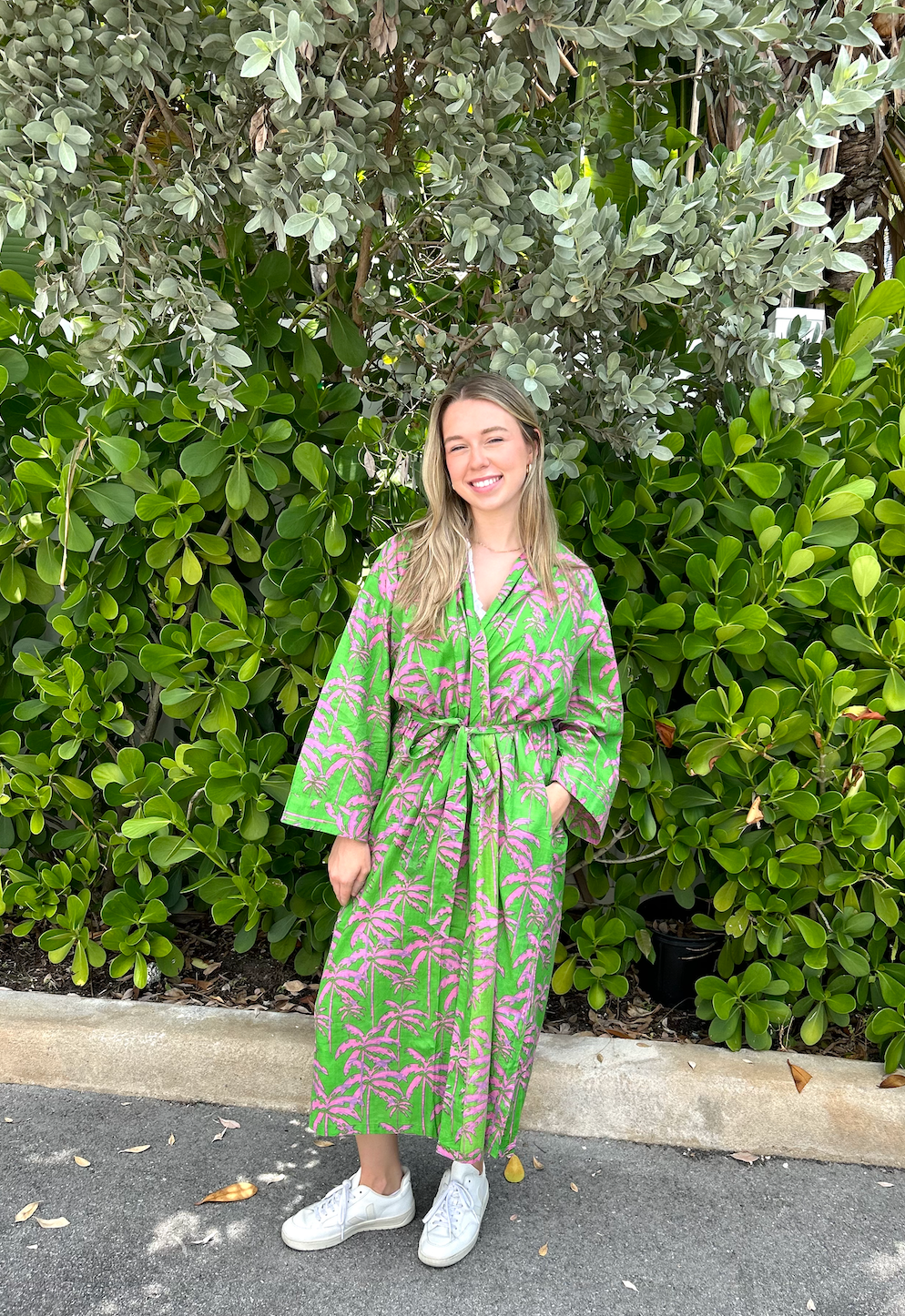 Long Kimono with Belt | Paradise Palm | Pink/Green image 1