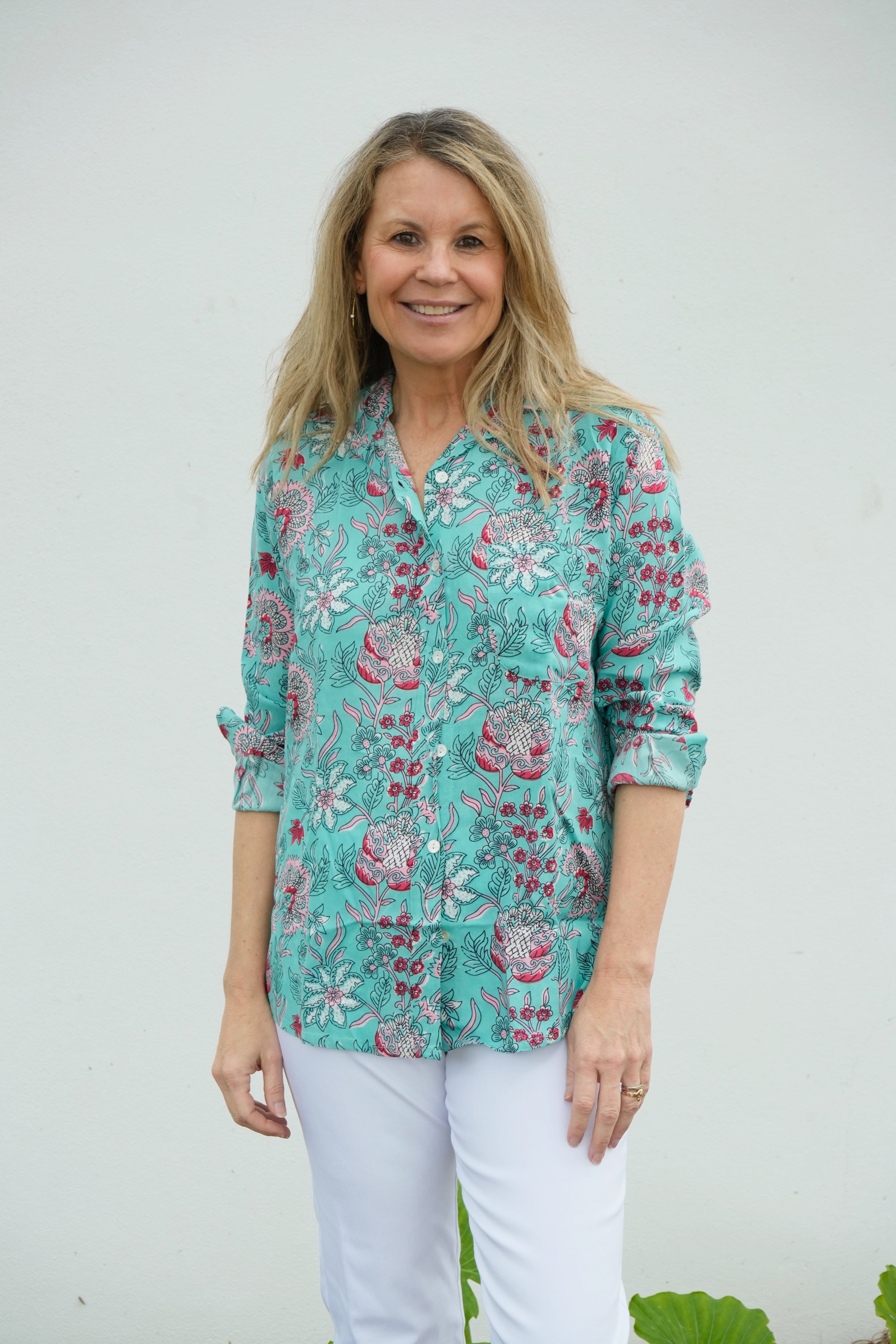 Boyfriend Shirt | Floral Rayon | Aqua