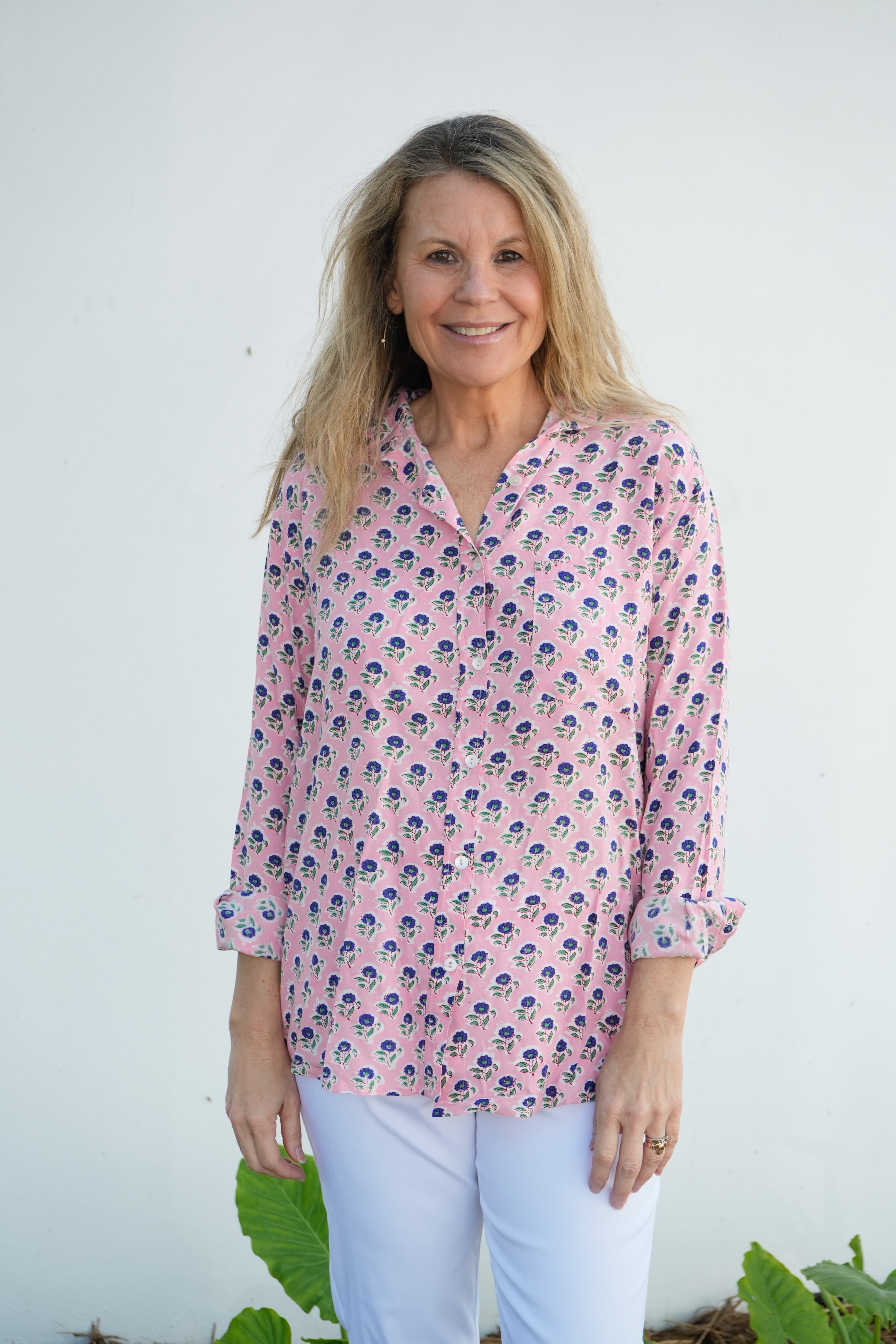 Boyfriend Shirt | Mini Floral Rayon | Pink/Blue