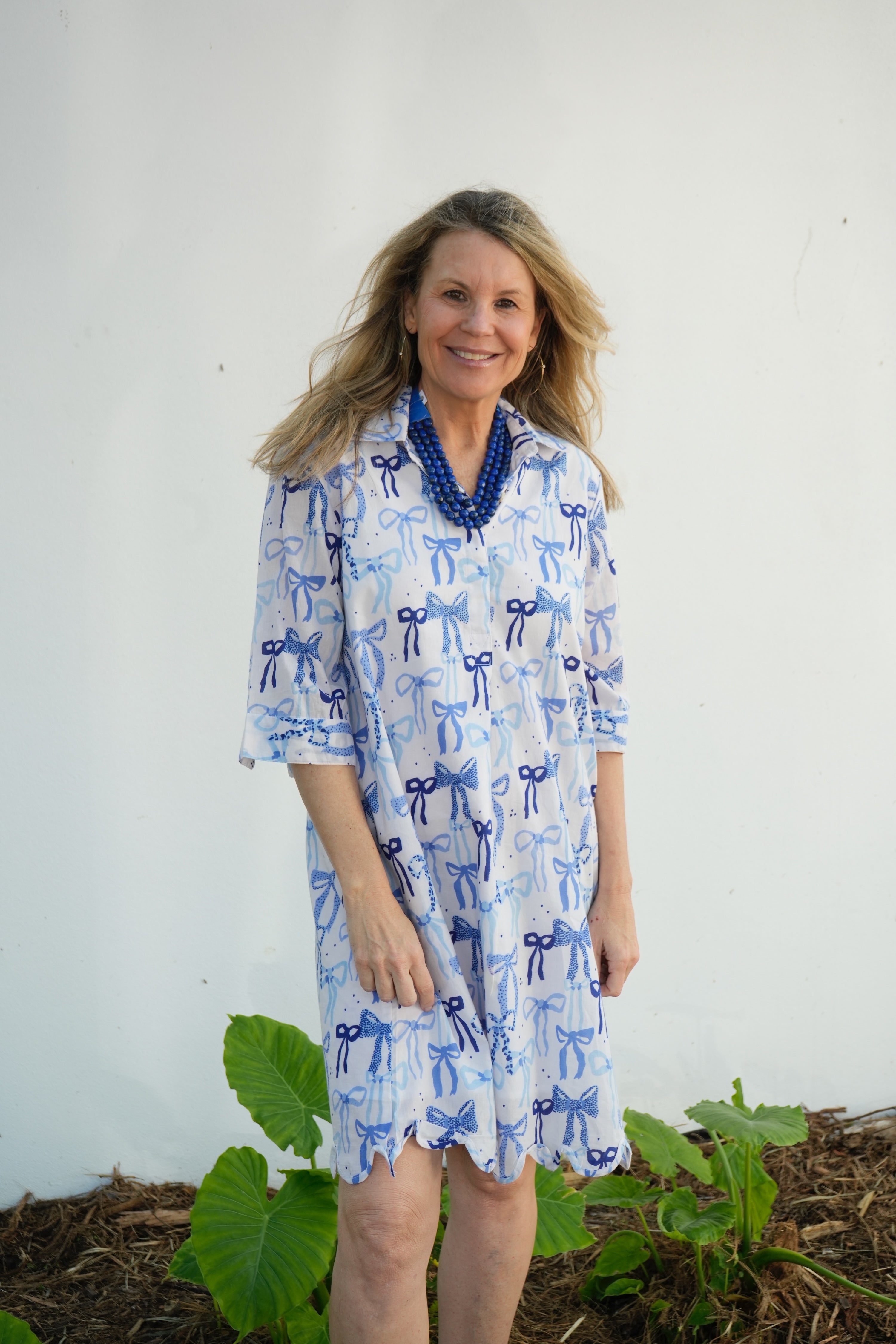 Scalloped Delray Dress | Bows | White/Navy