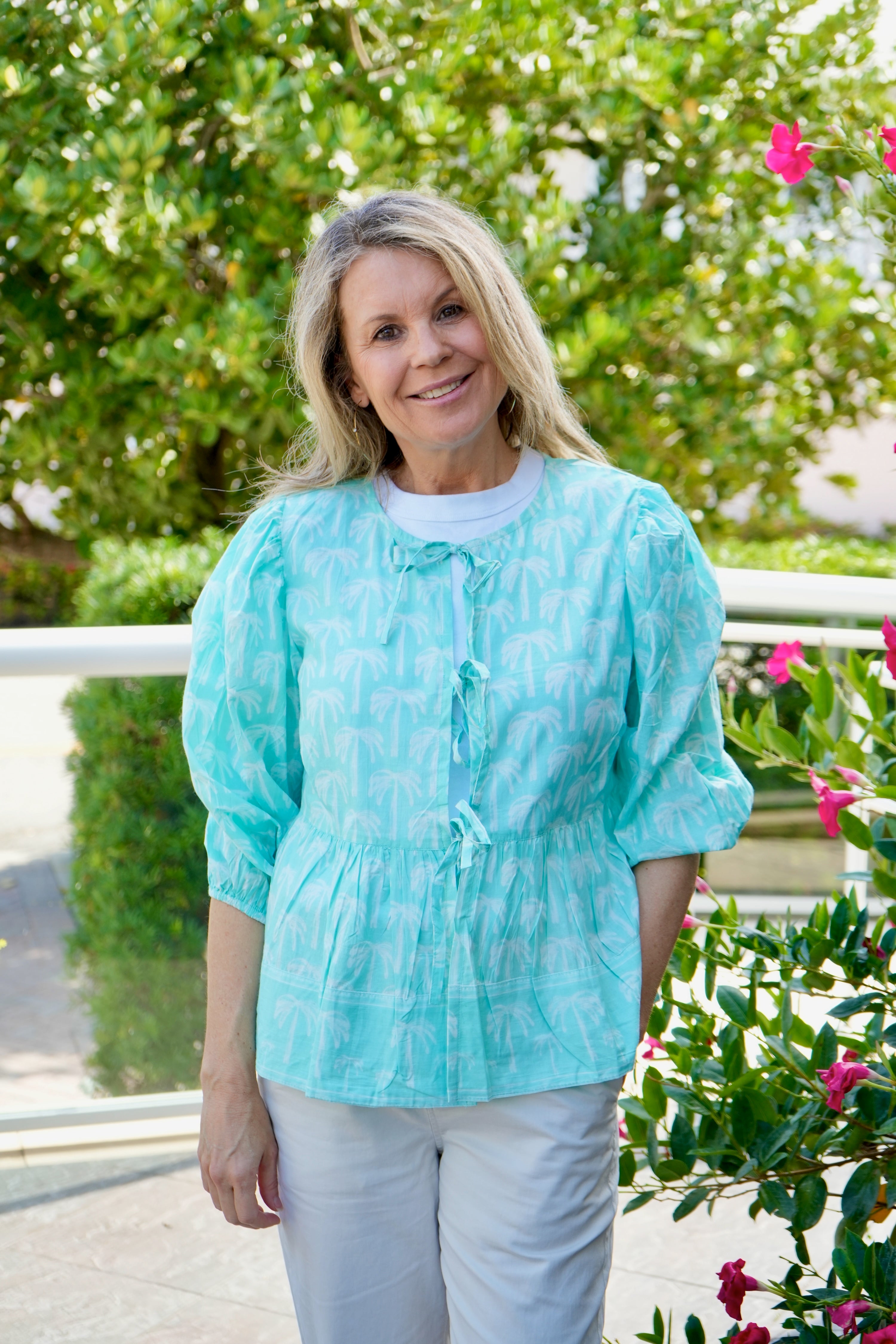 Ruffle Tie Top | Tropical Palm | Aqua