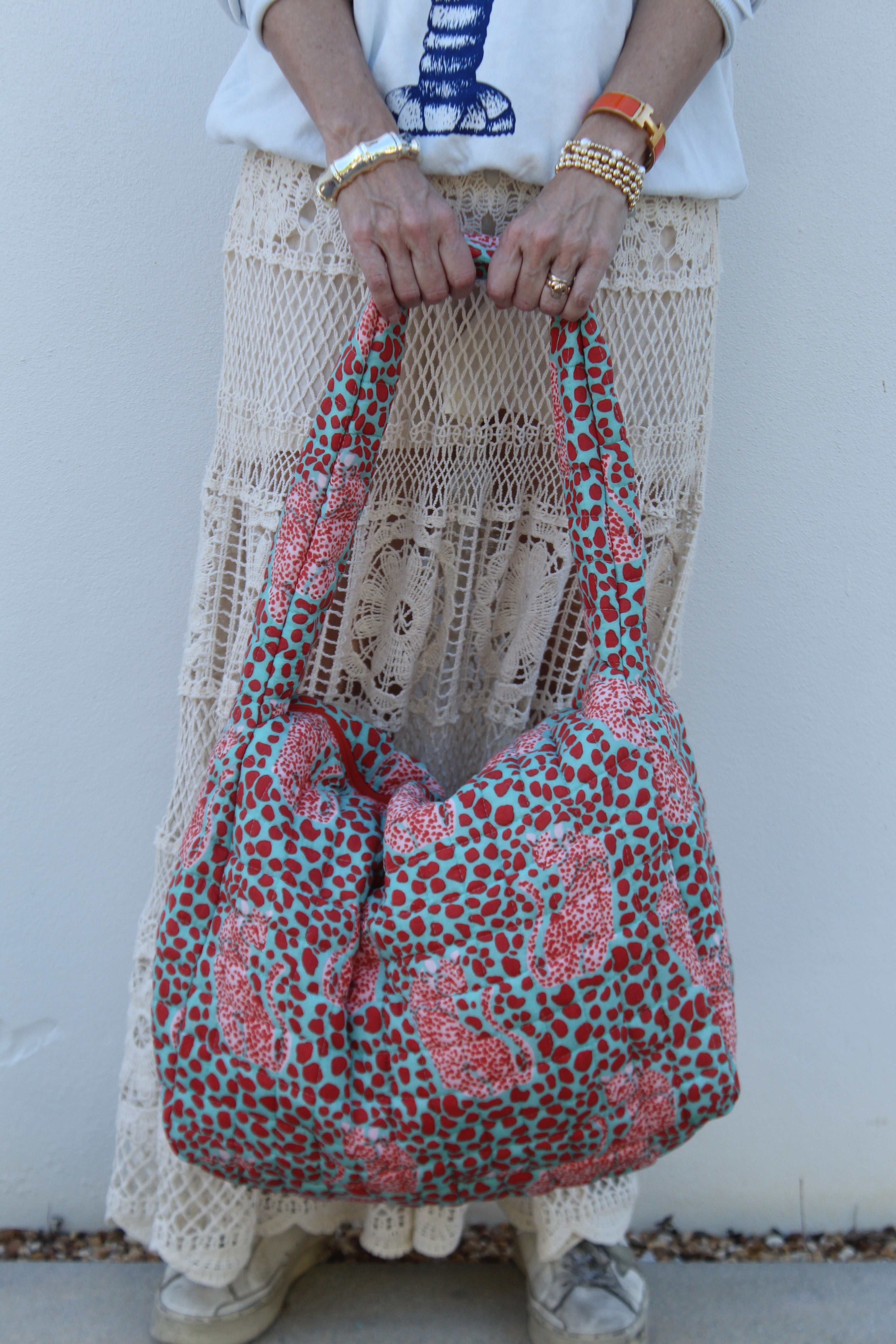 Puffer Tote Bag | Leopard | Aqua/Red