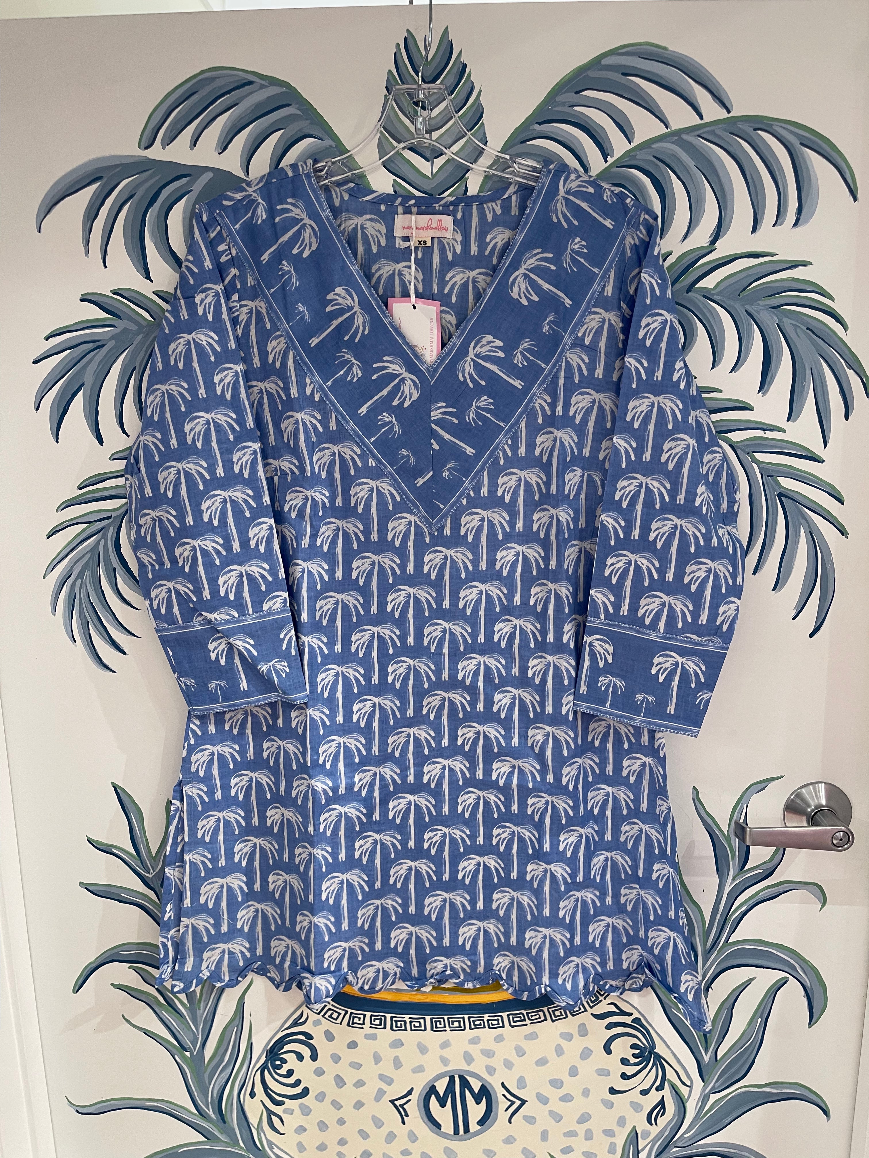 V Neck Scalloped Tunic | Tropical Palm | Periwinkle