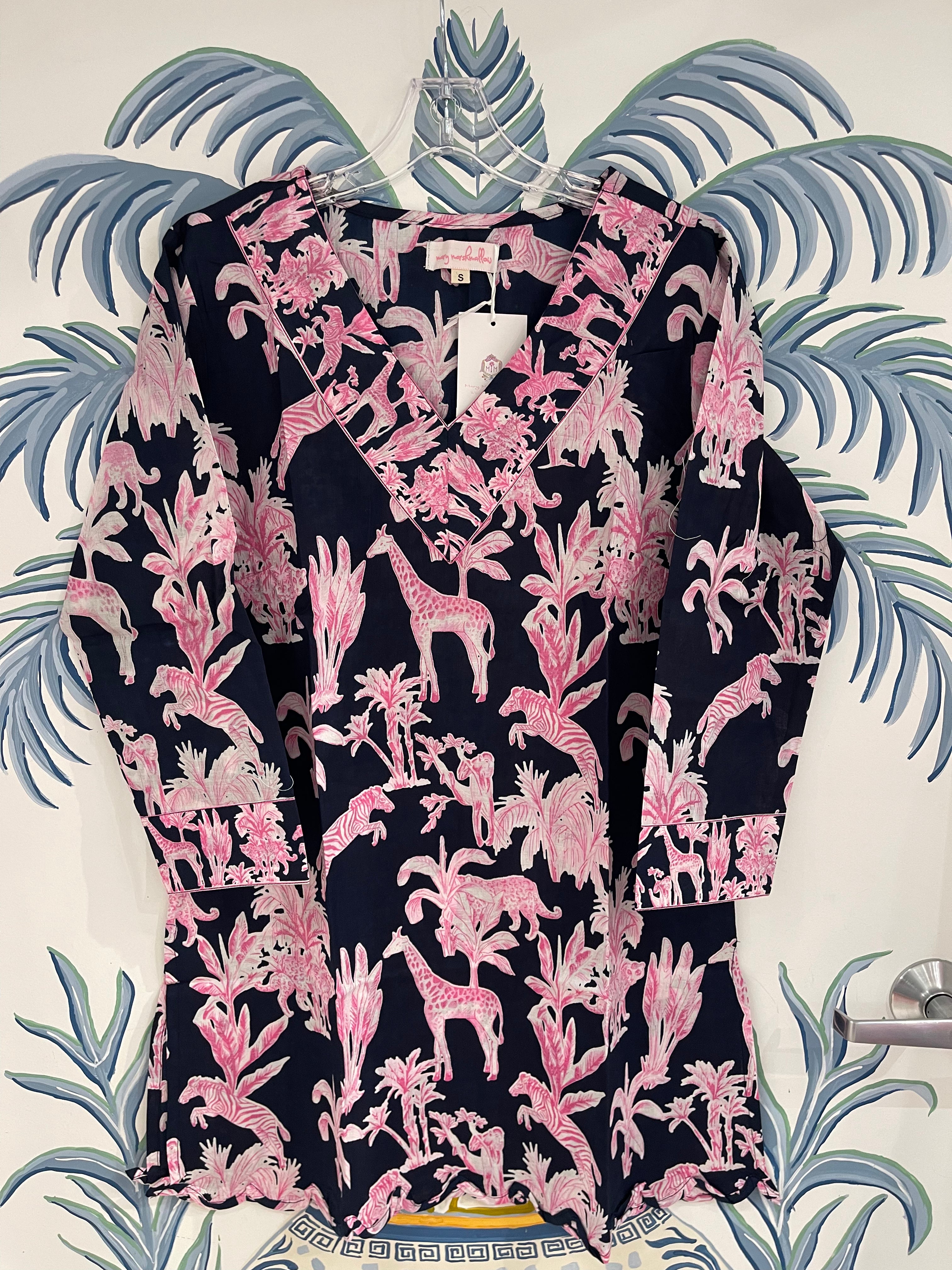 V Neck Scalloped Tunic | Jungle Toile | Pink/Navy