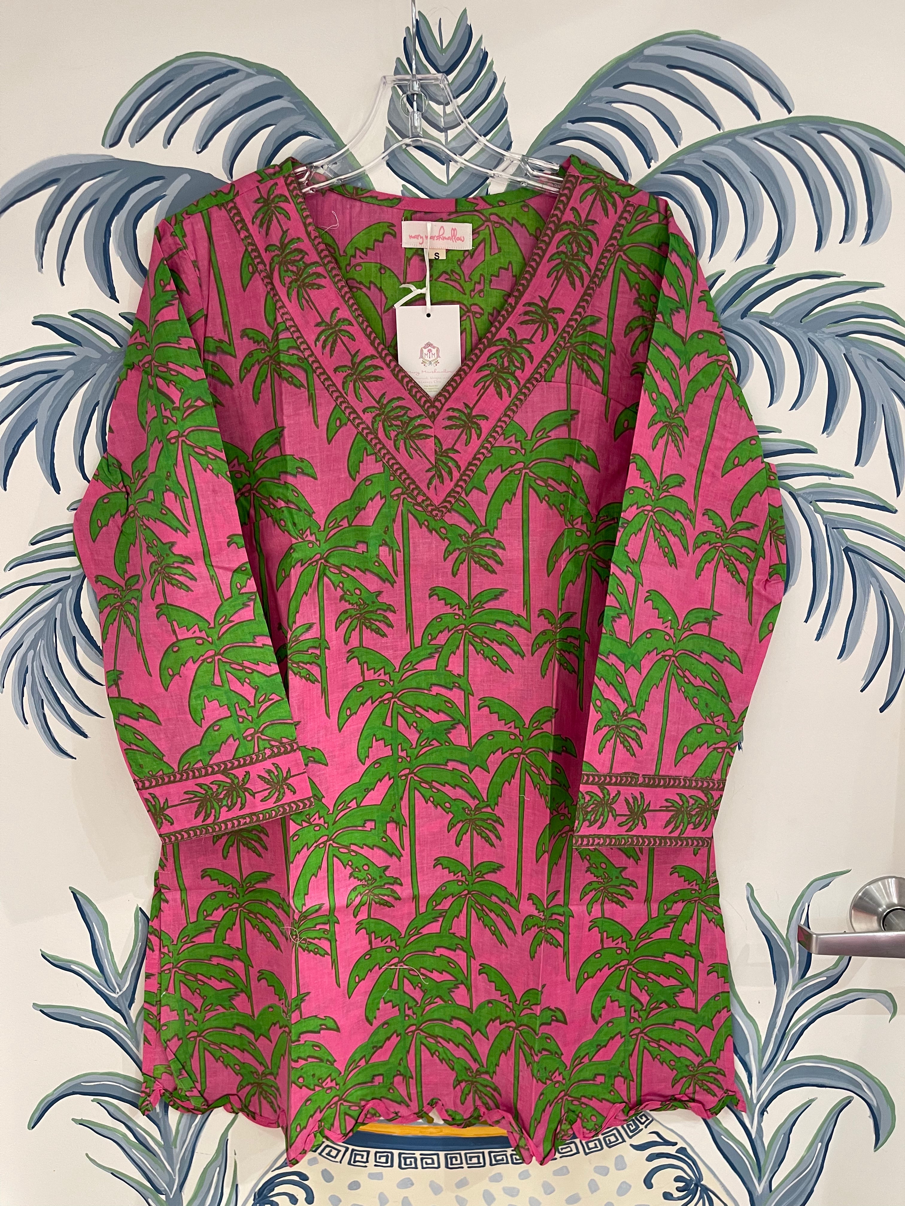V Neck Scalloped Tunic | Paradise Palm | Pink/Green