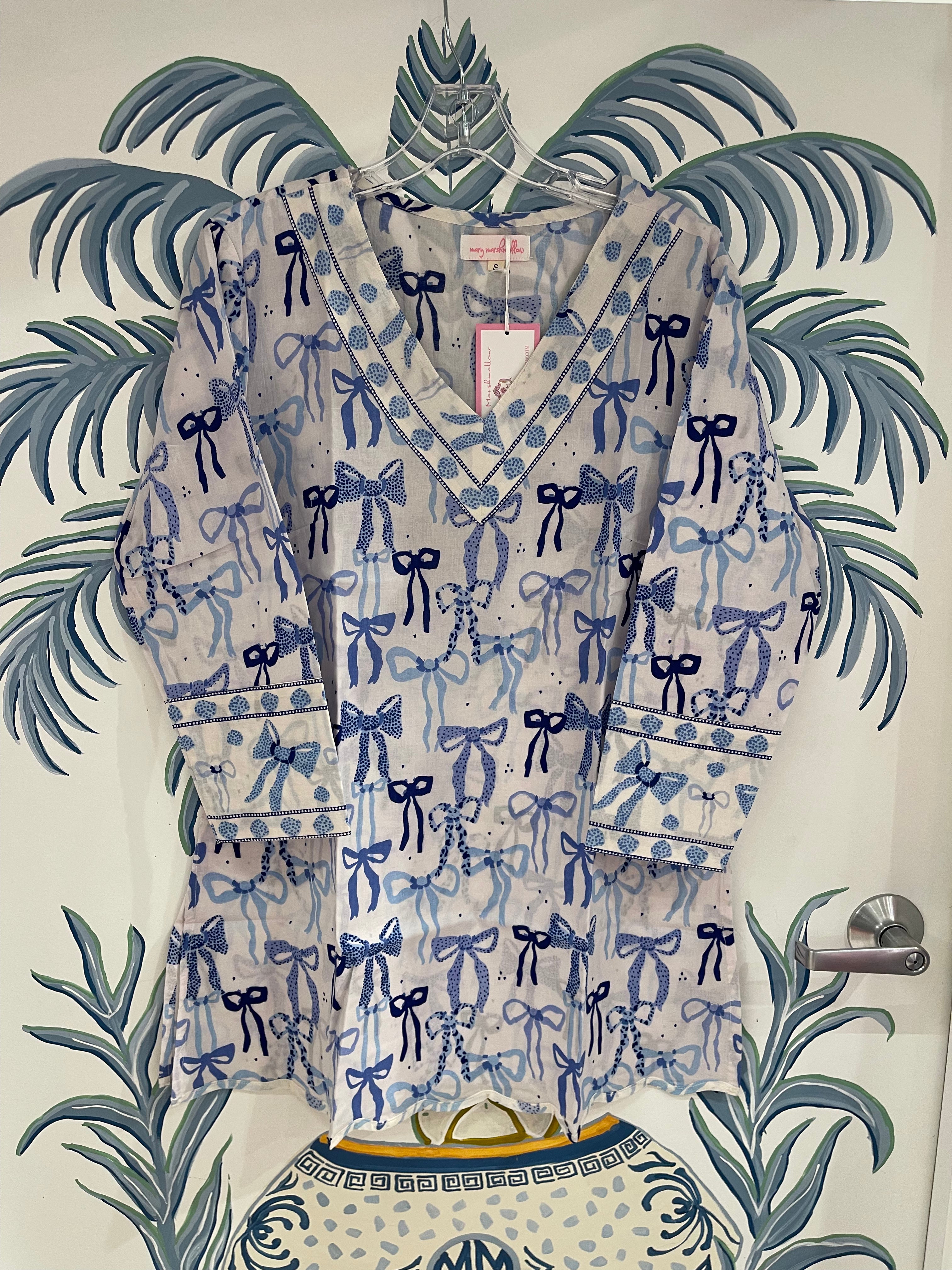 V Neck Scalloped Tunic | Bows | Blue