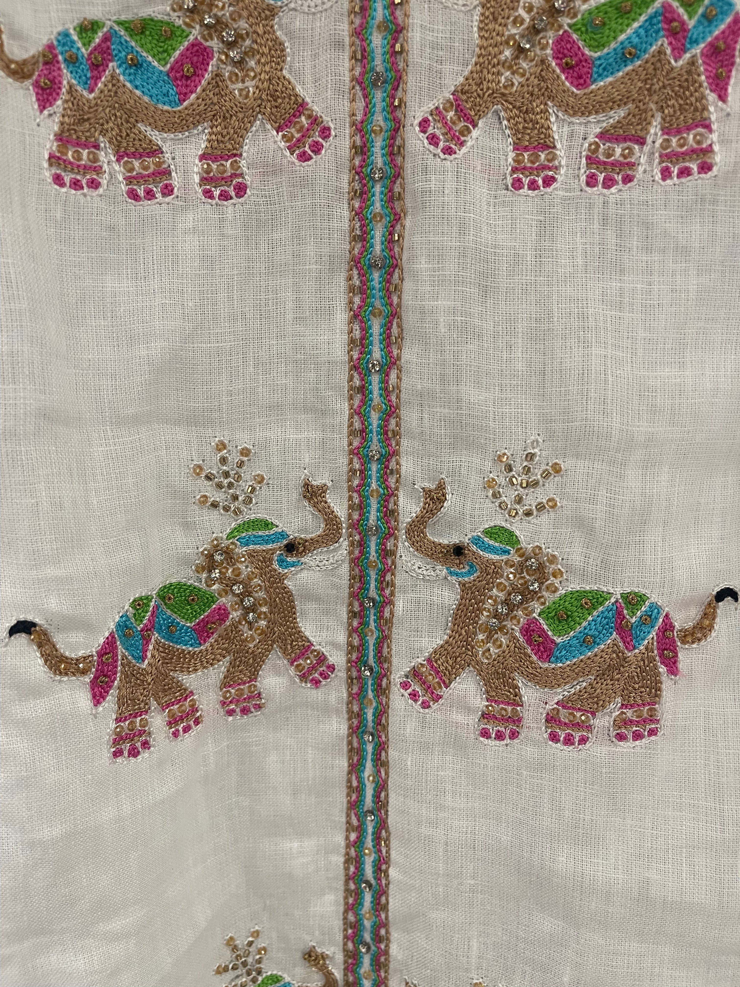 Beaded Linen Short Sleeve Dress | Elephants | White
