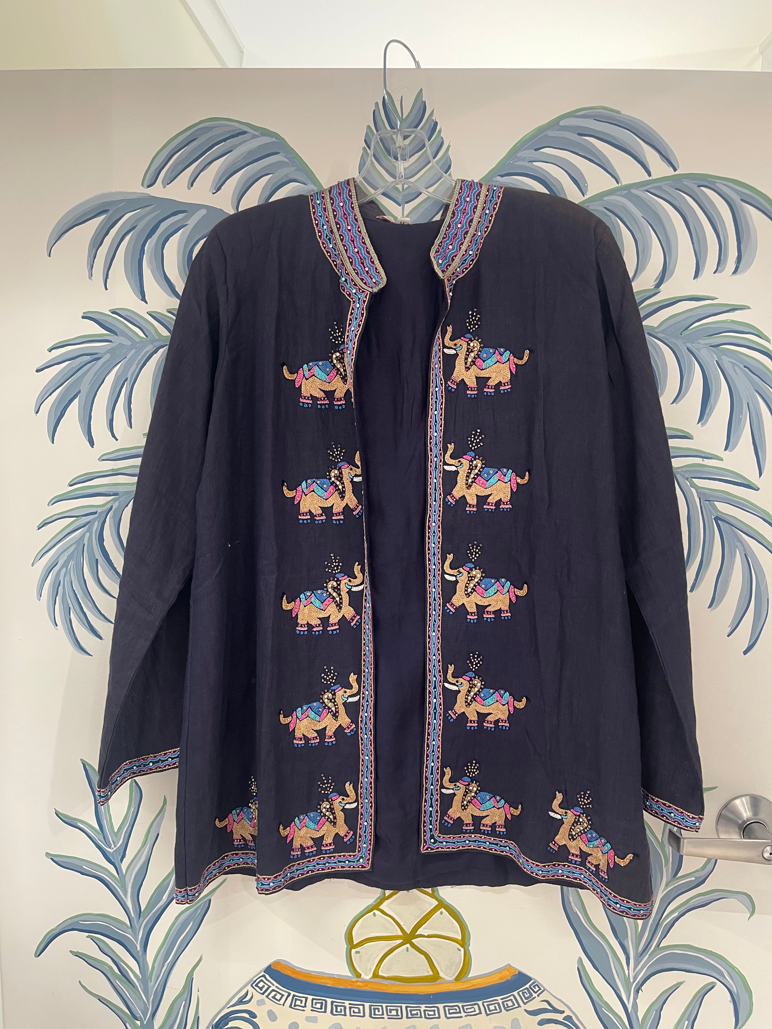 Beaded Linen Jacket | Elephants | Navy
