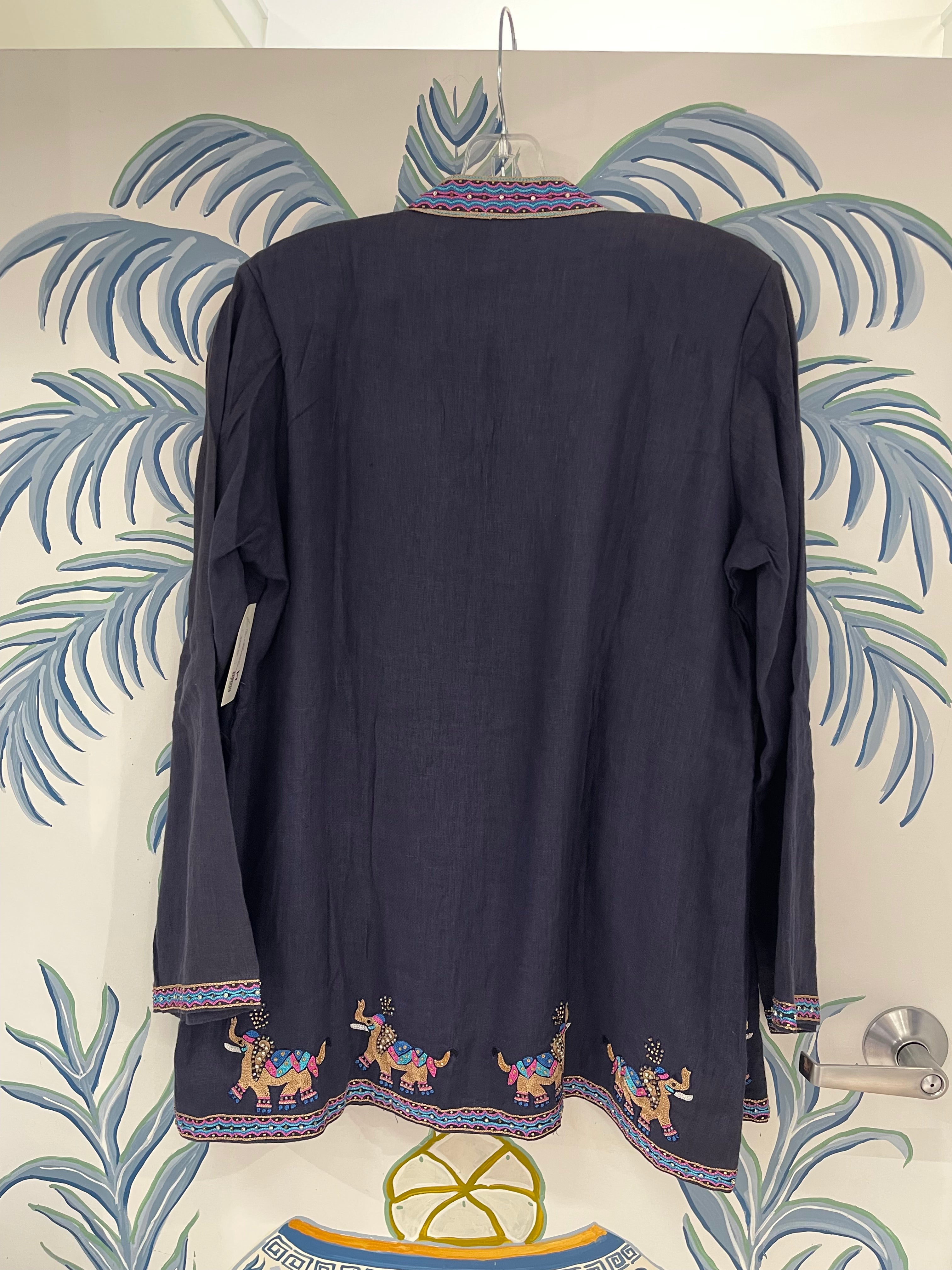 Beaded Linen Jacket | Elephants | Navy