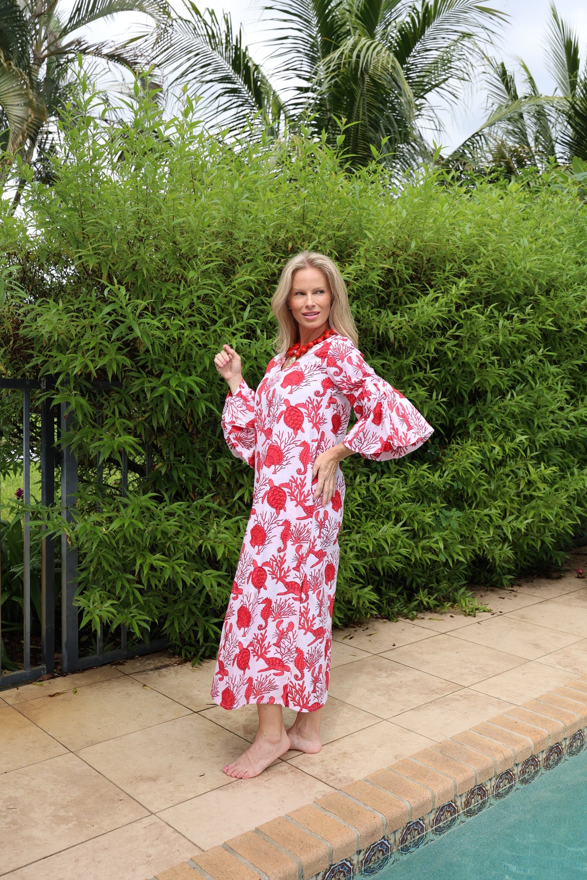 Bell Sleeve Kaftan | Sea Life | Red