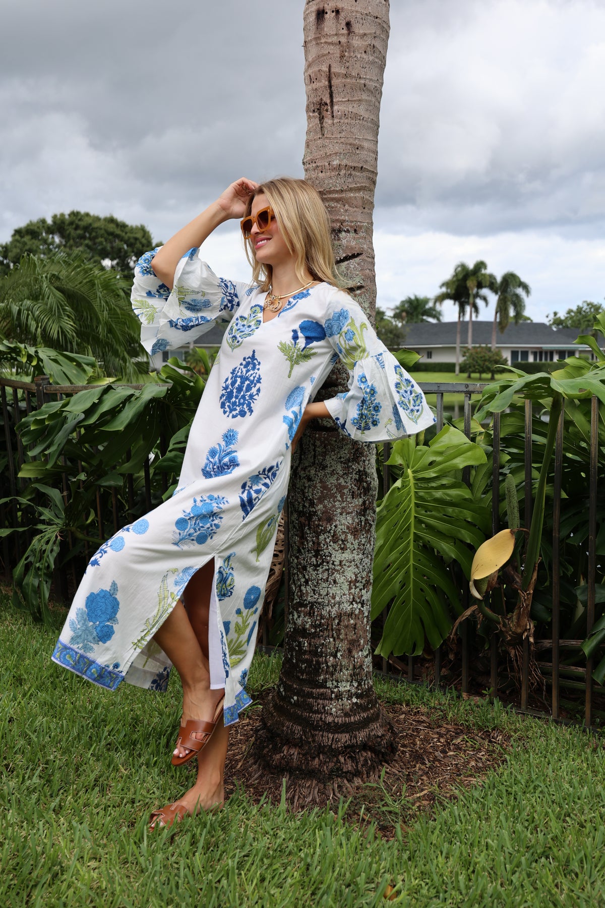 Bell Sleeve Kaftan | Floral Block Print | Blue