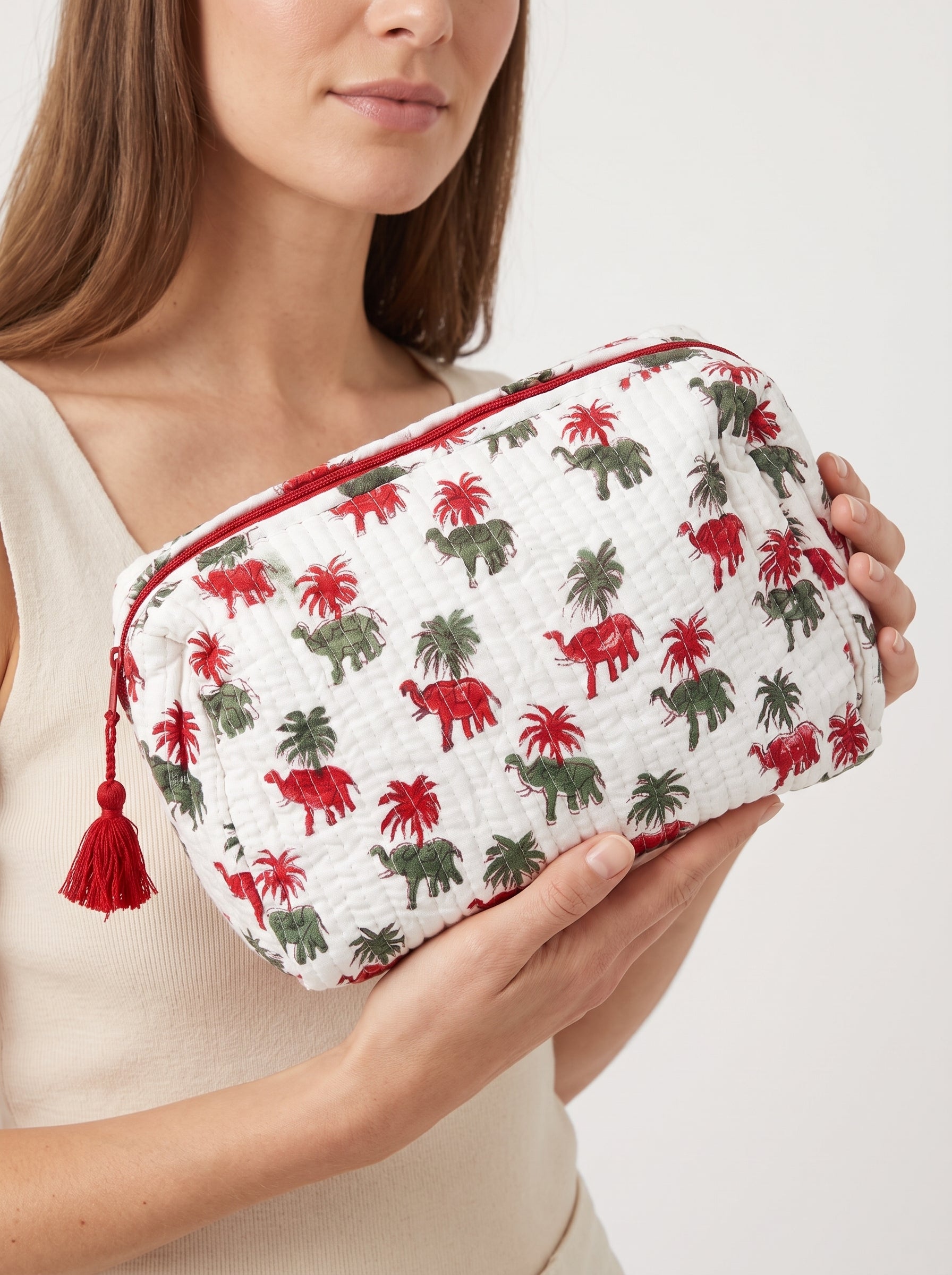 Quilted Cosmetic Bags | Elephants | Red/Green
