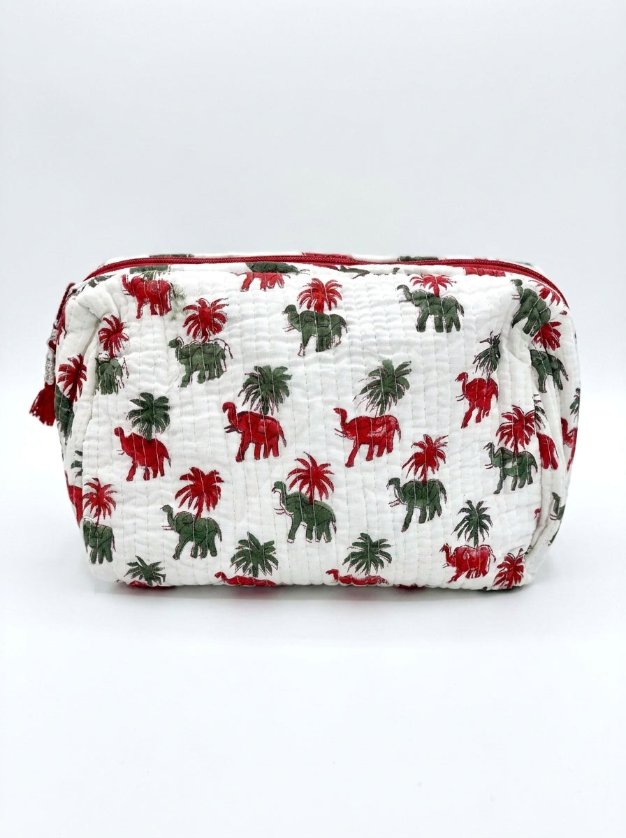 Quilted Cosmetic Bags | Elephants | Red/Green