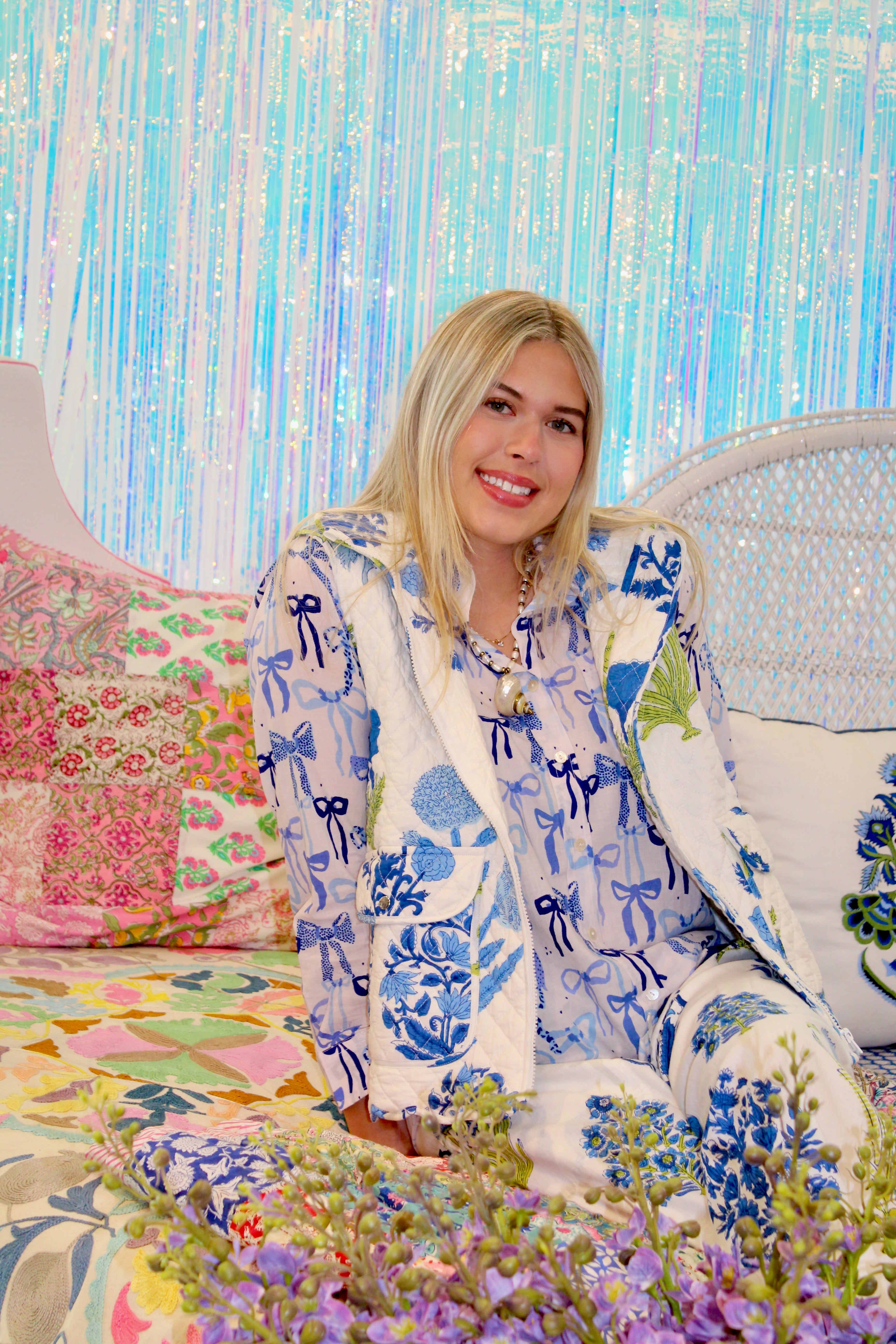 Quilted Scallop Vest | Floral Bouquet | Blue image 1