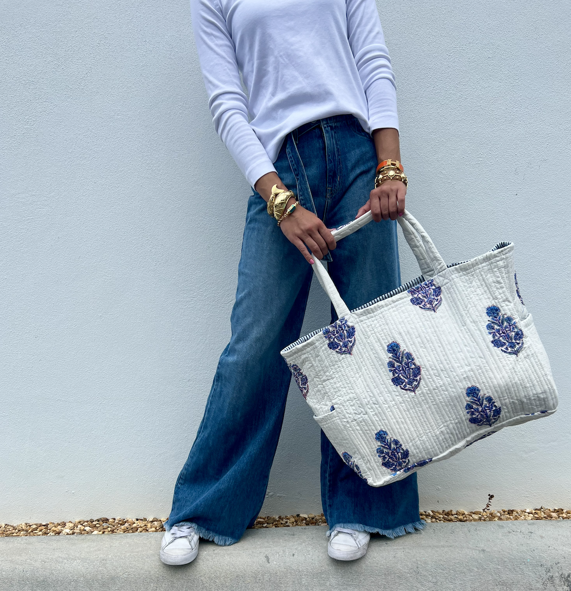 Block Printed Tote | Mixed Floral Bouquet | Blue image 0