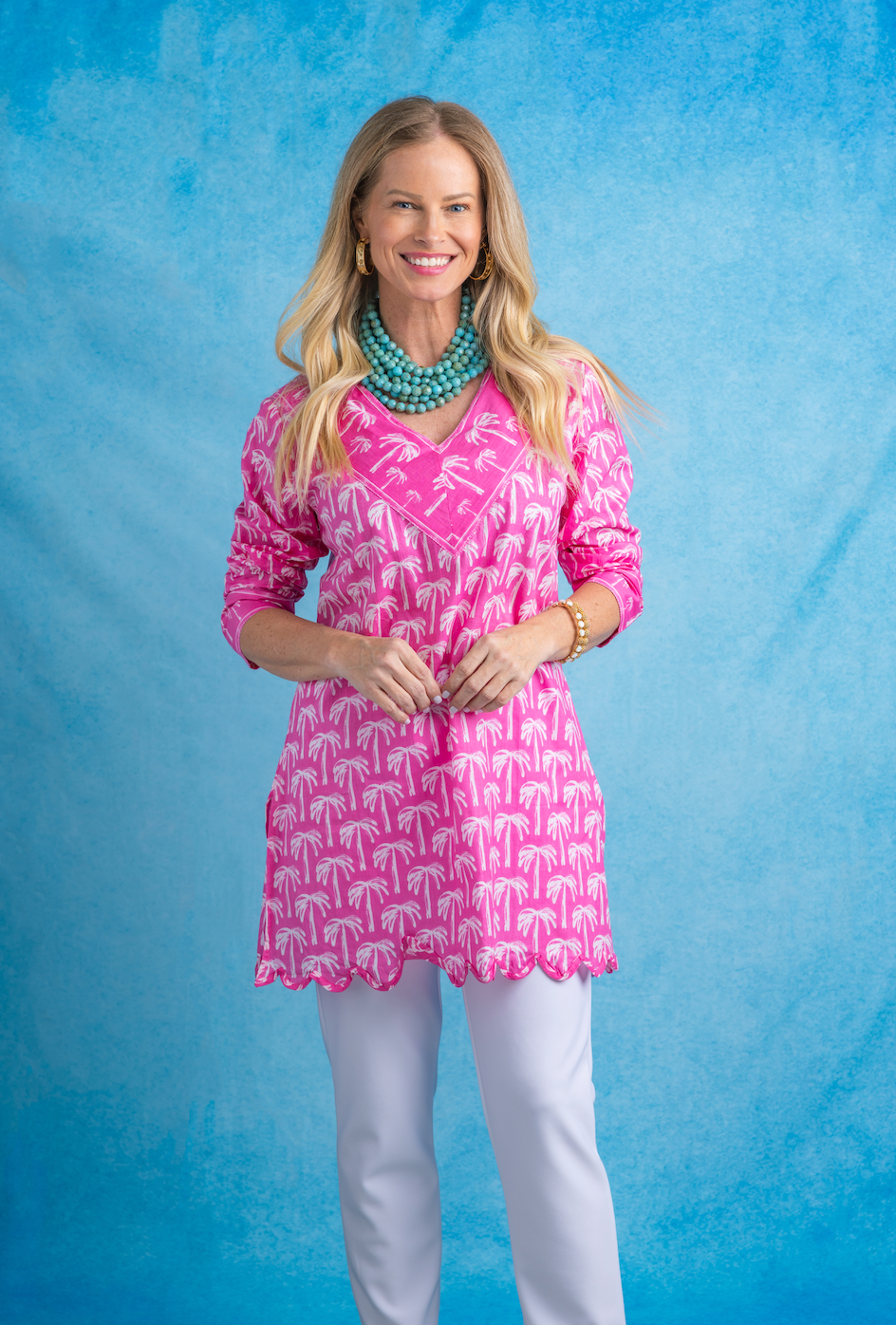 V-Neck Scalloped Tunic | Tropical Palm | Pink image 0
