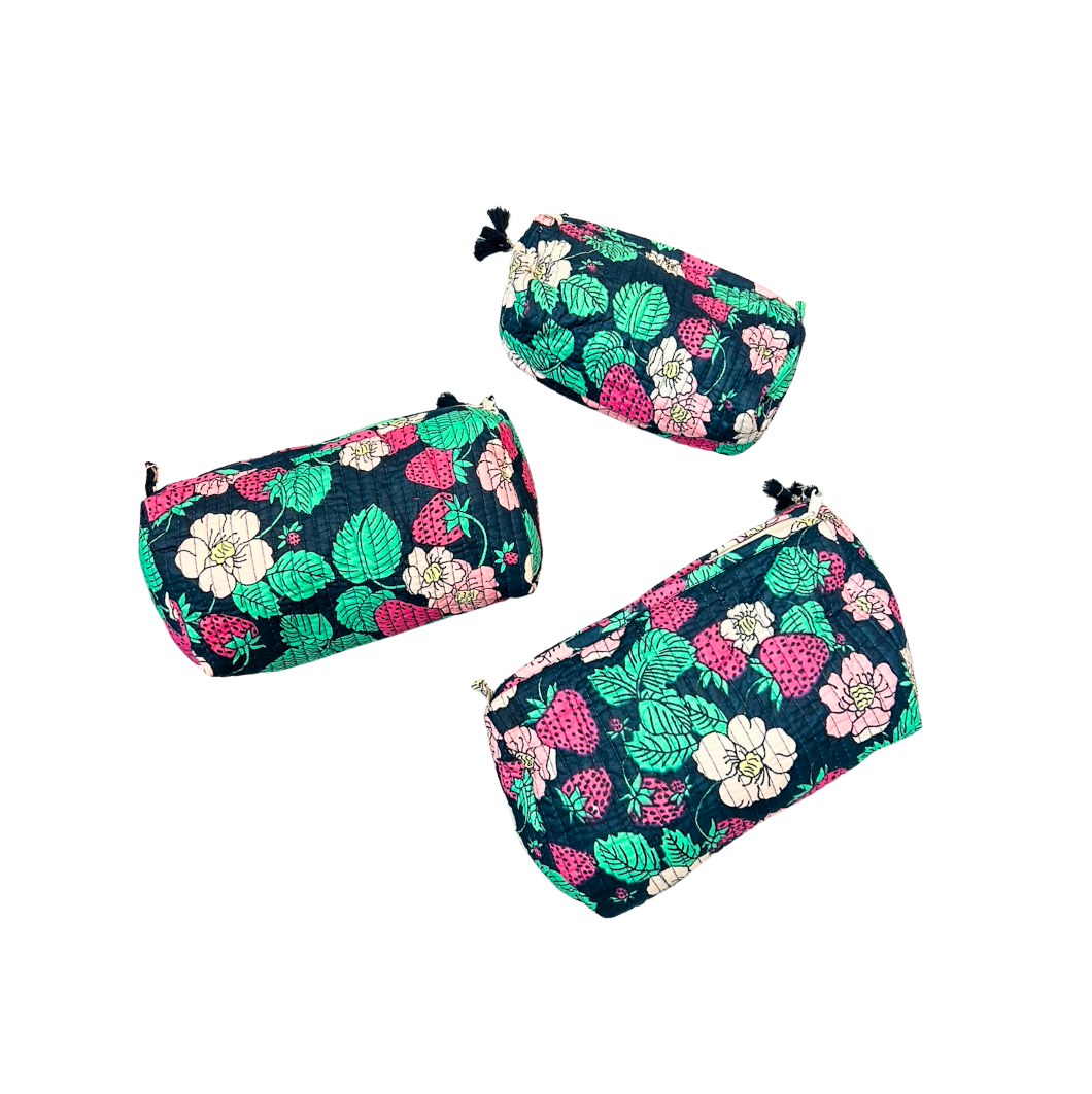 Quilted Cosmetic Bags | Vintage Strawberry | Navy image 0