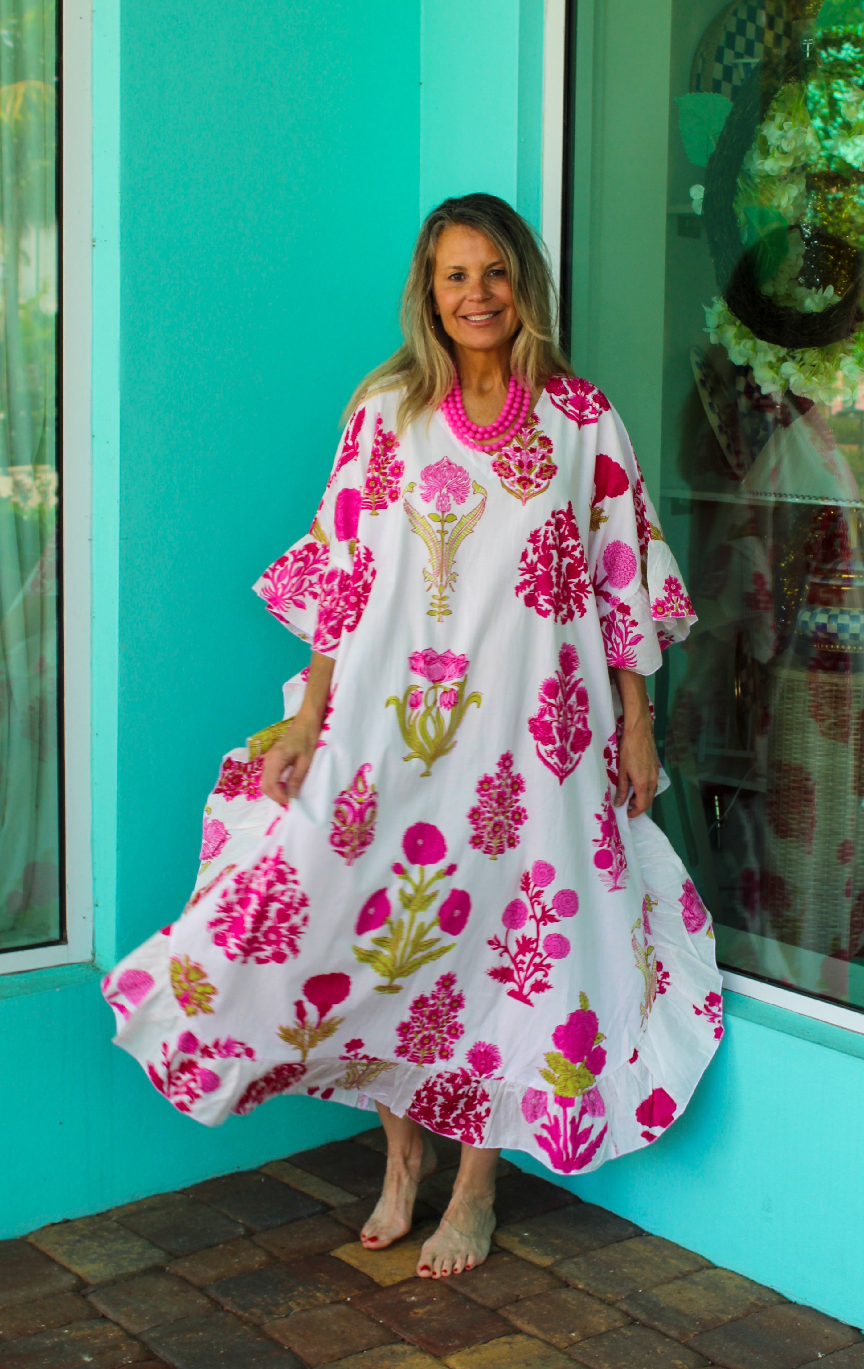 Ruffle Kaftan | Block Print Floral | Pink image 1