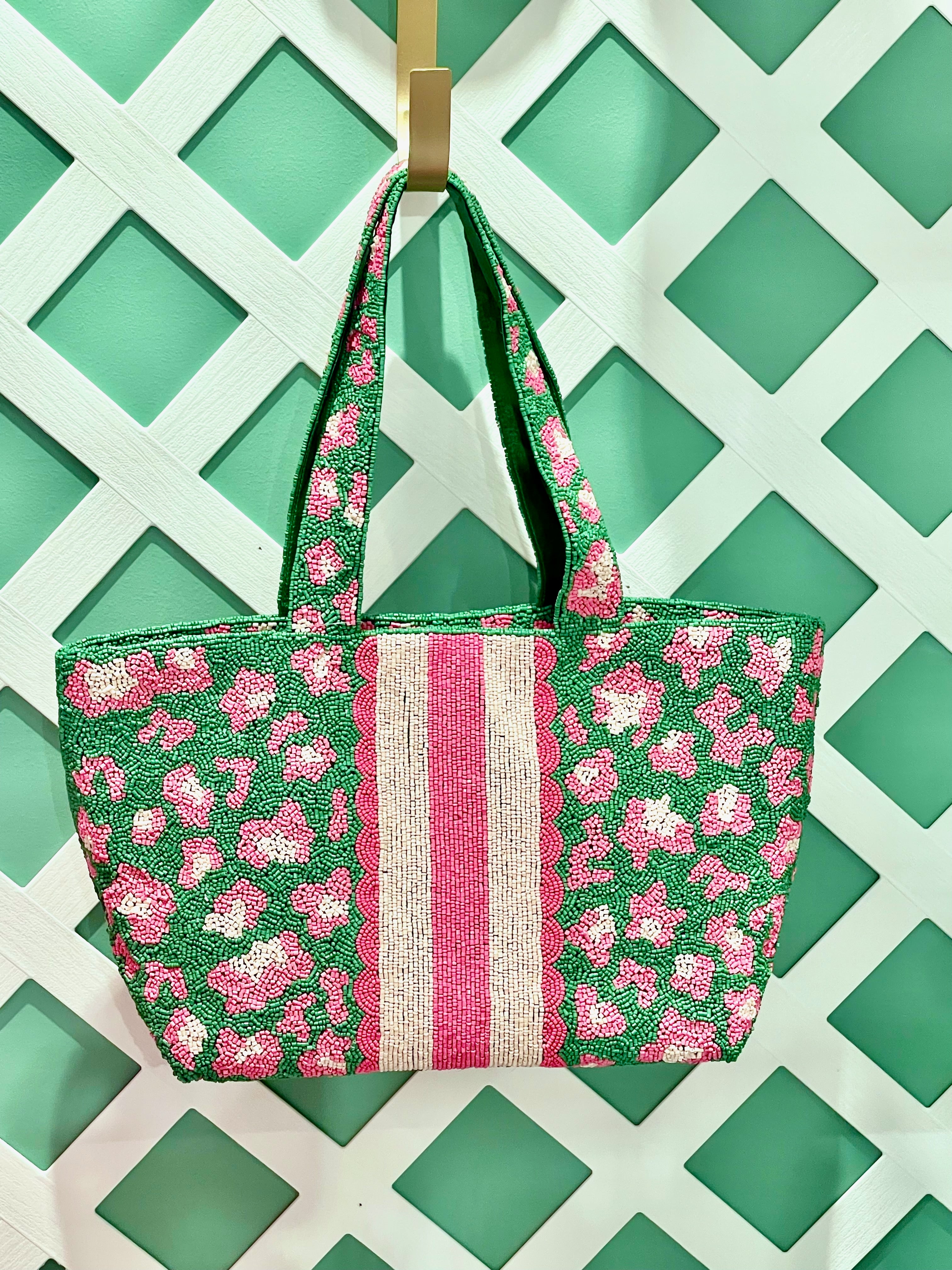 Beaded Tote | Leopard | Pink/Green image 0