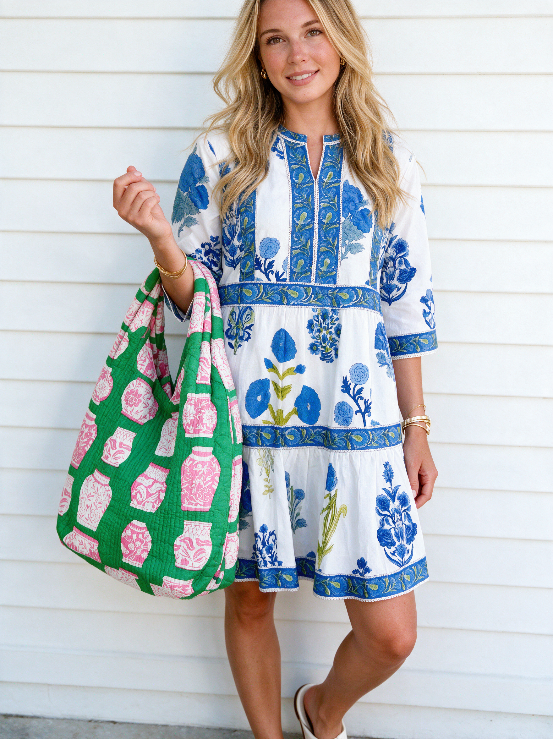 Puffer Tote Bag | Ginger Jar | Pink/Green