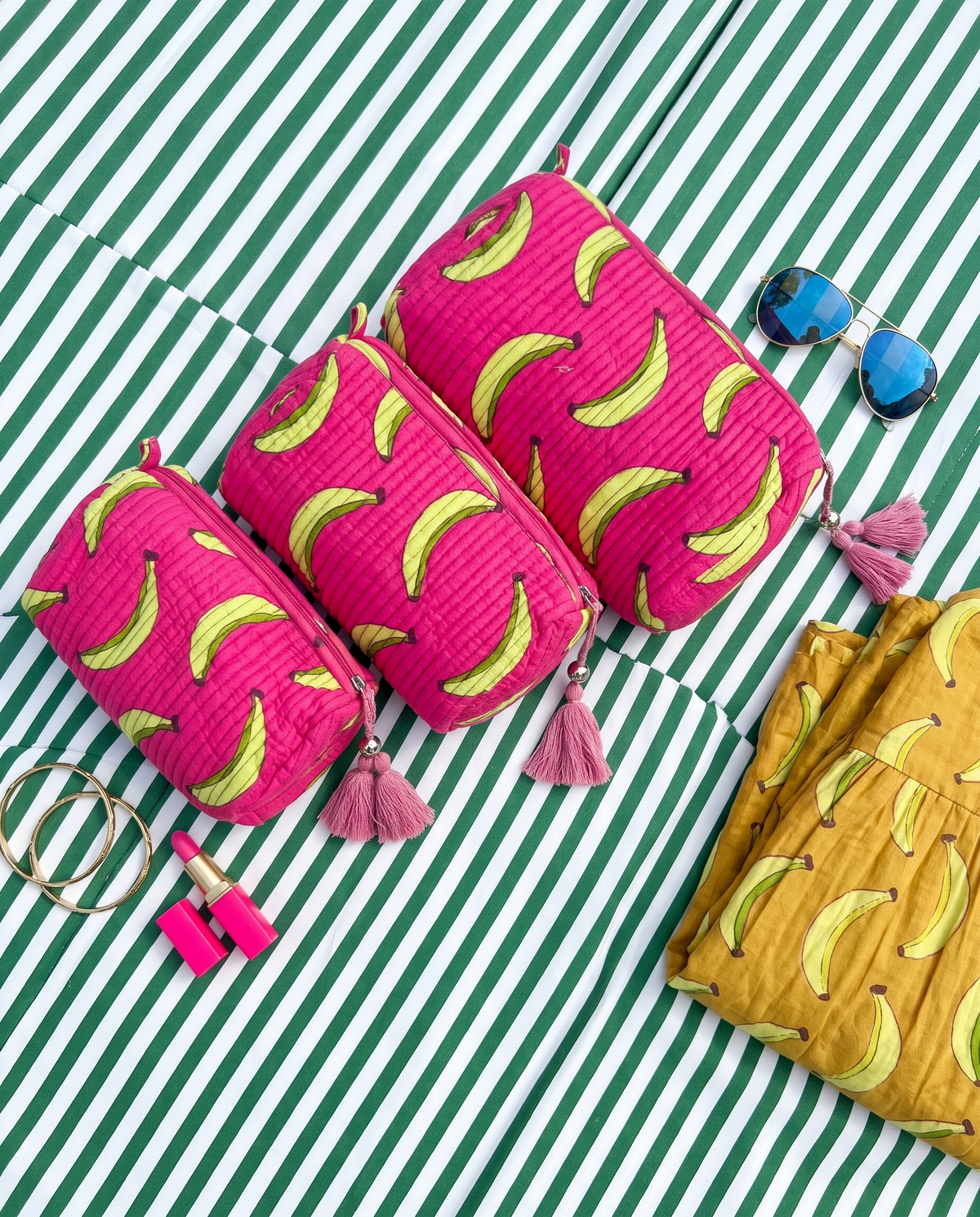 Quilted Cosmetic Bags | Banana Print | Pink