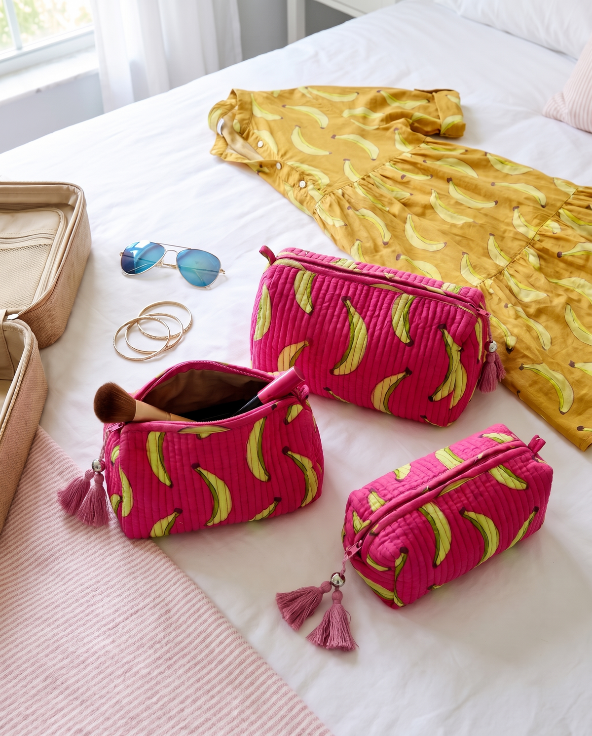 Quilted Cosmetic Bags | Banana Print | Pink
