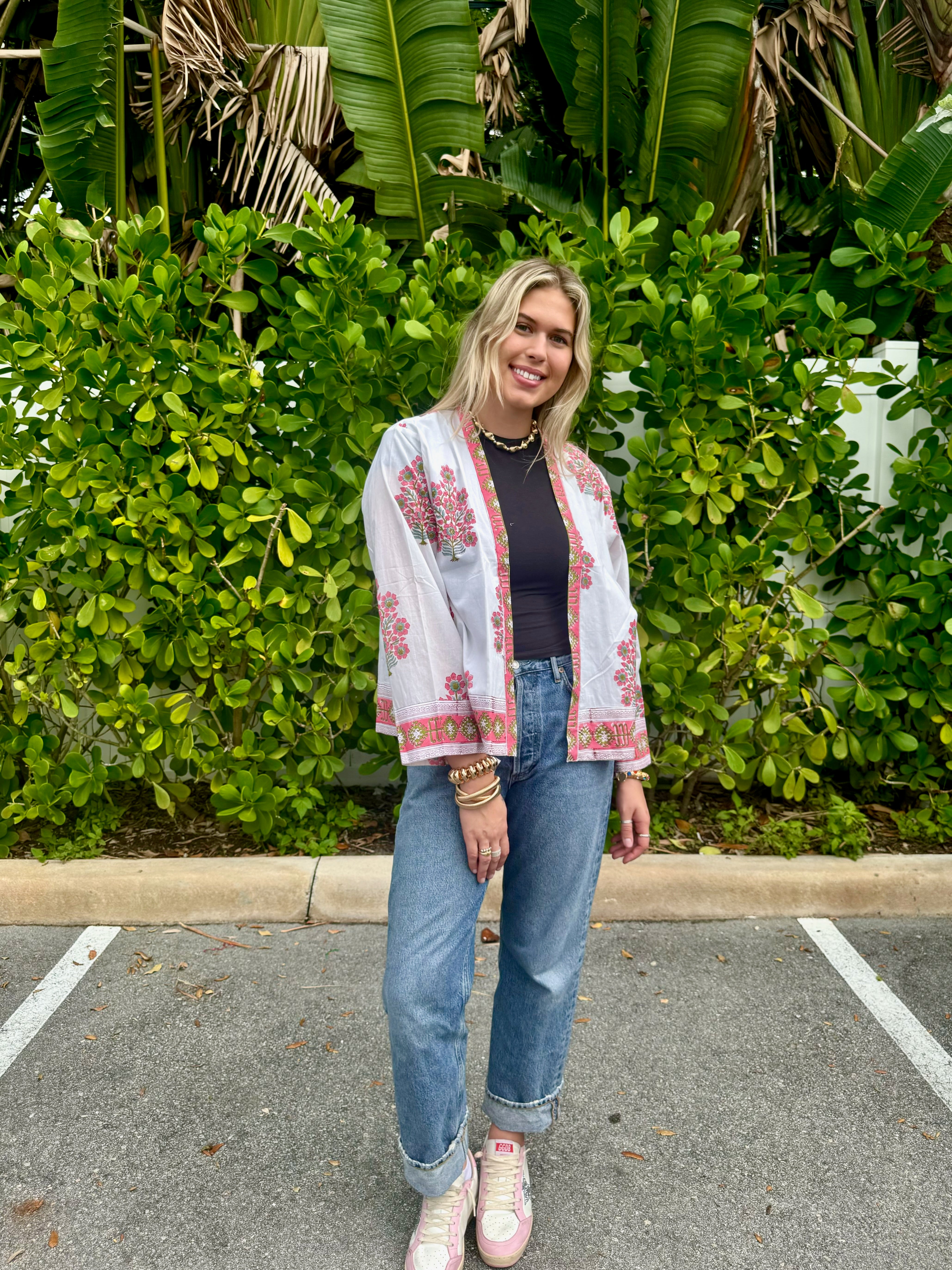 Short Kimono Jacket | Floral Tree Bouquet | Pink image 0