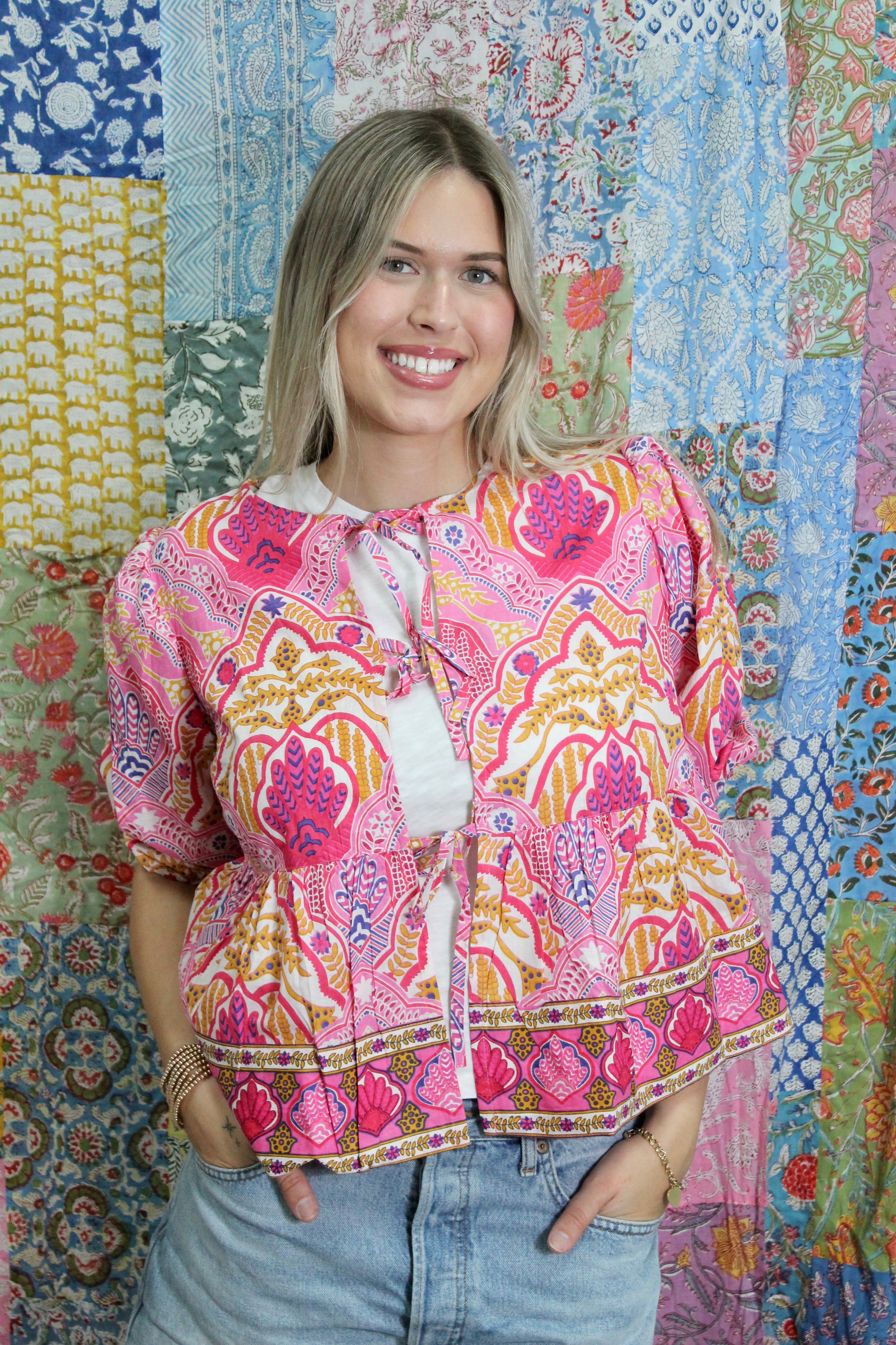 Ruffle Tie Top | Boho Medallion | Pink image 1