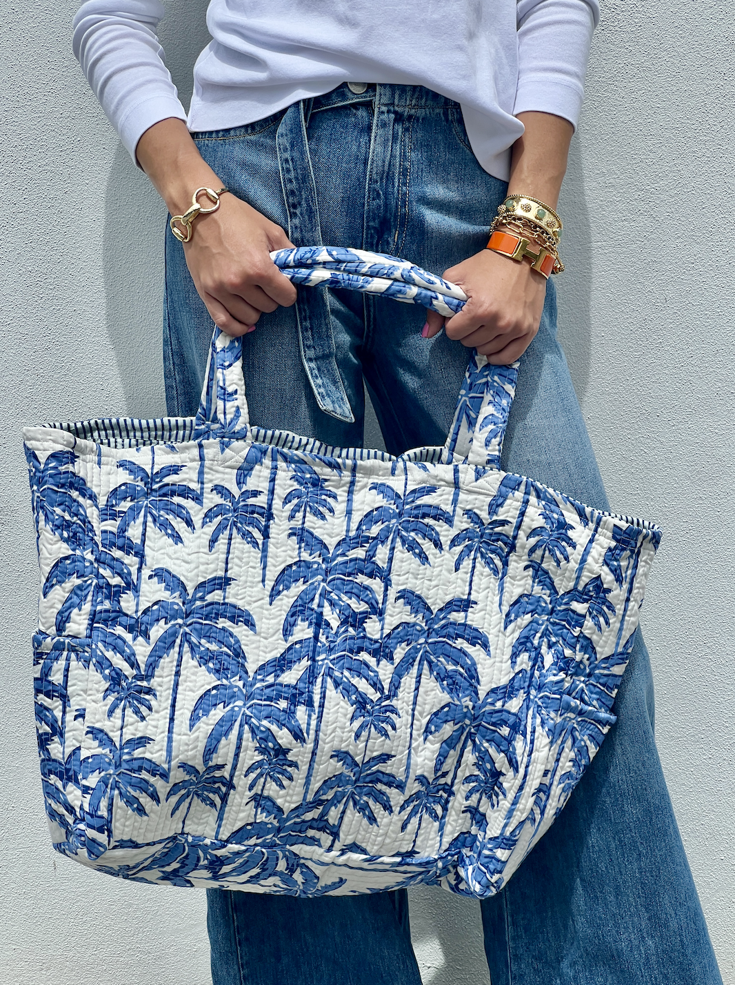 Block Printed Tote | Paradise Palm | Blue/White image 0