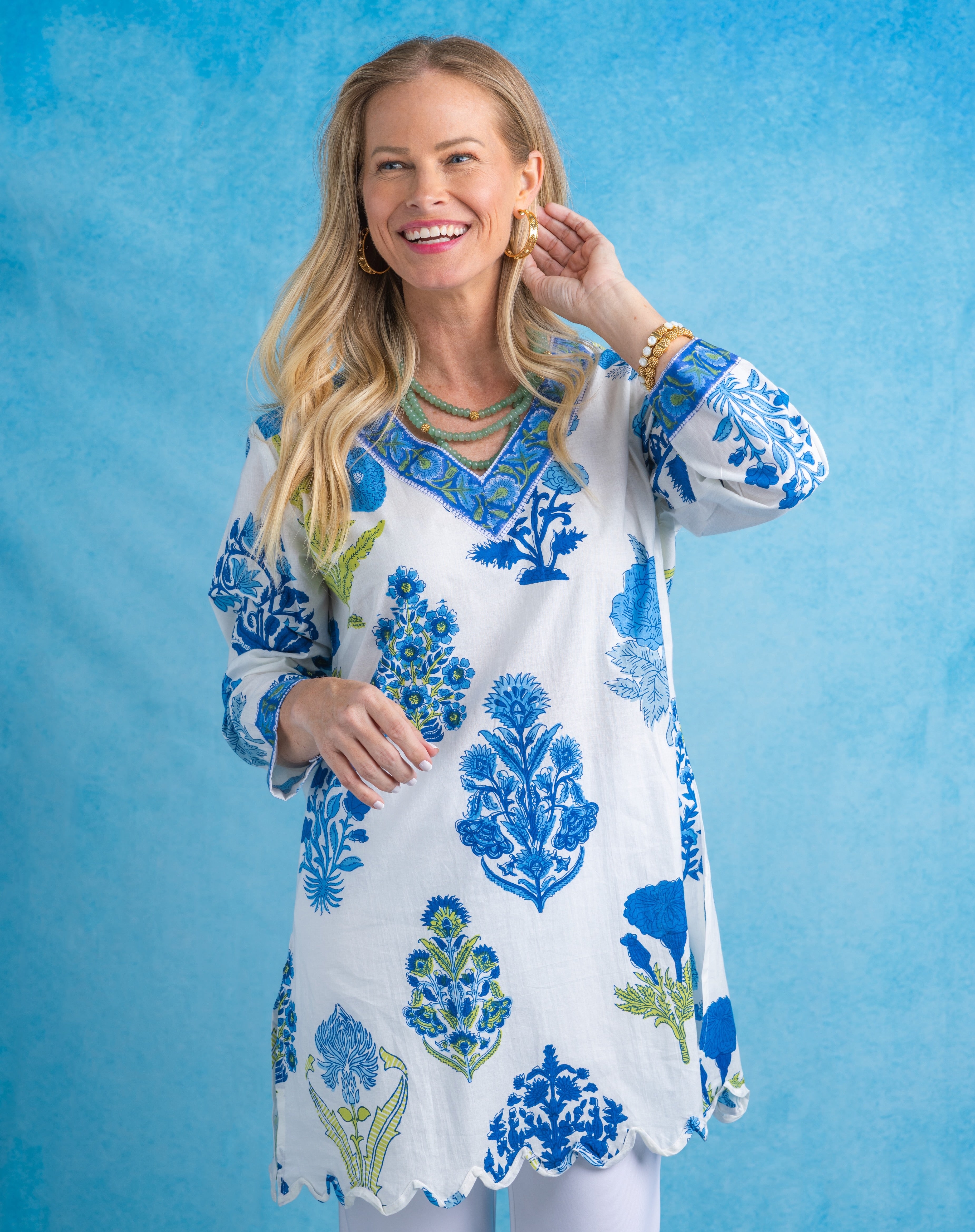 V-Neck Scalloped Tunic | Floral Bouquet | Blue