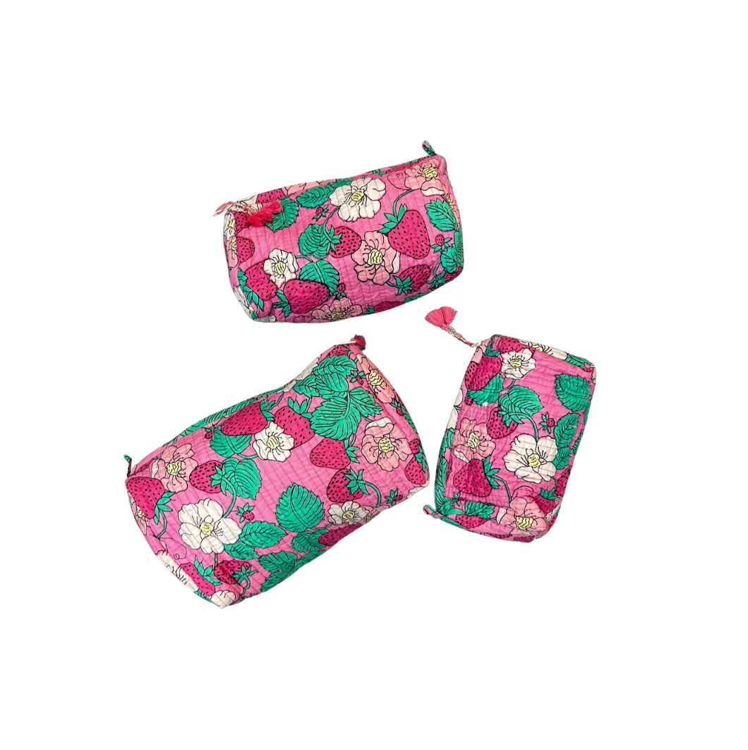 Quilted Cosmetic Bags | Vintage Strawberry | Pink image 0