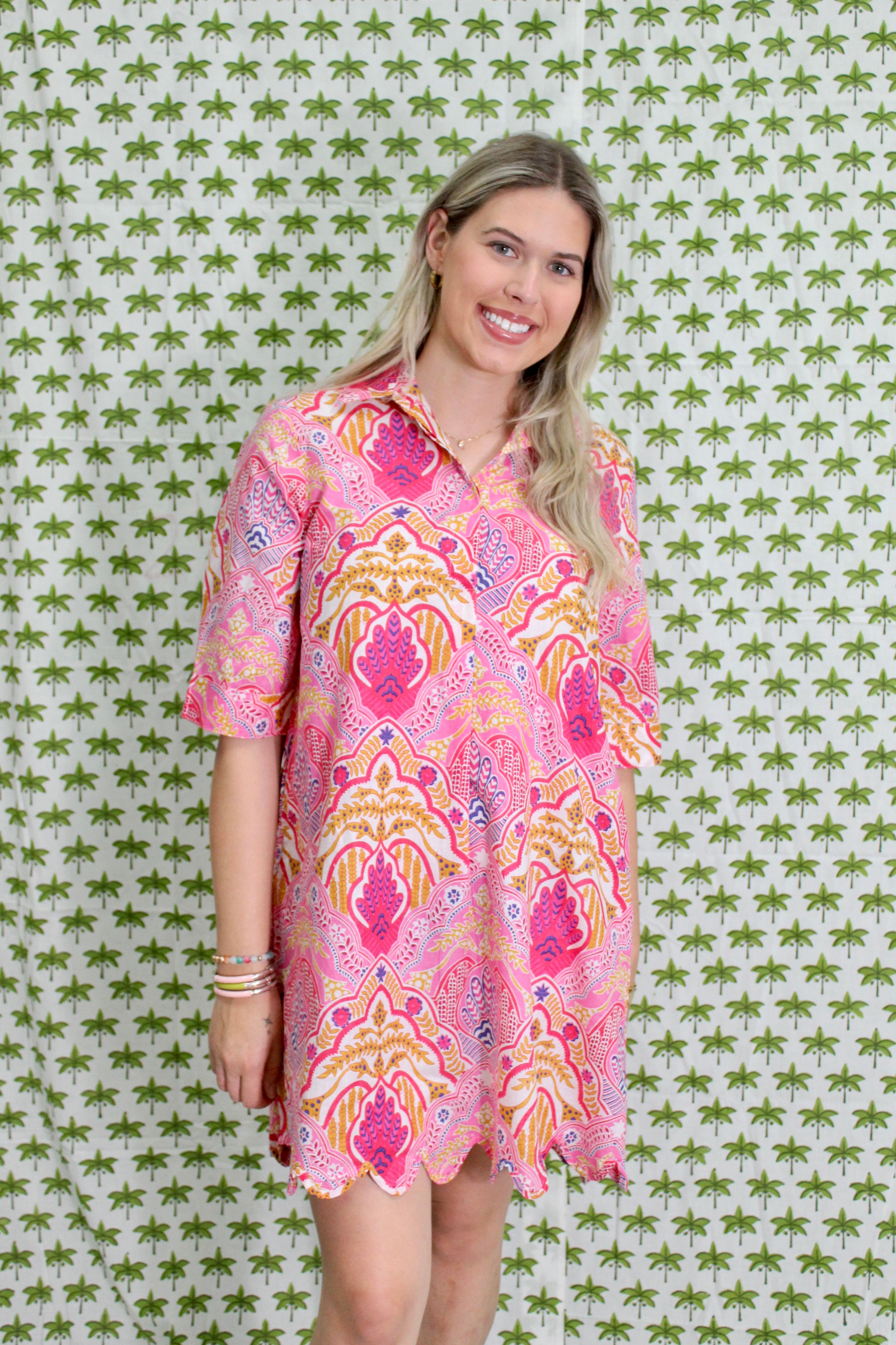 Scalloped Delray Dress | Boho Medallion | Pink image 3