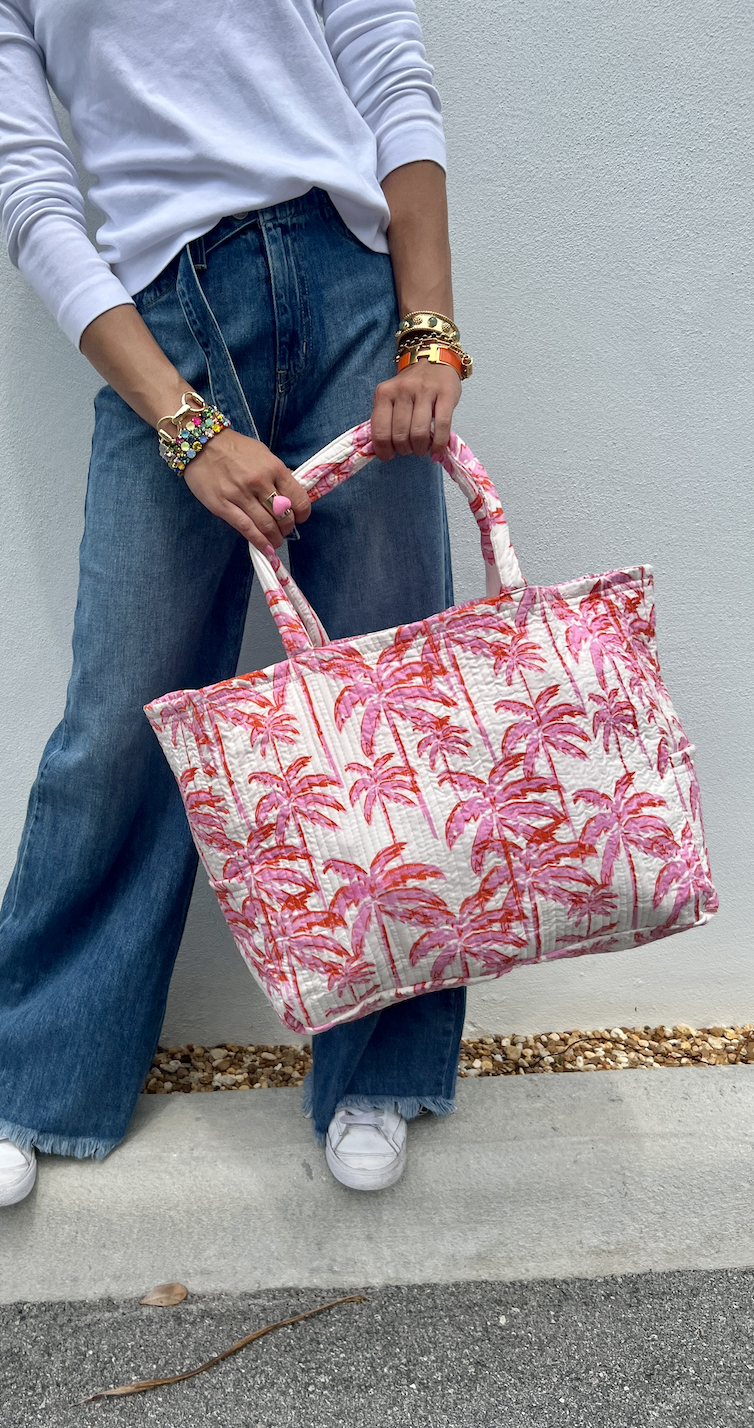 Block Printed Tote | Paradise Palm | Pink/White image 0