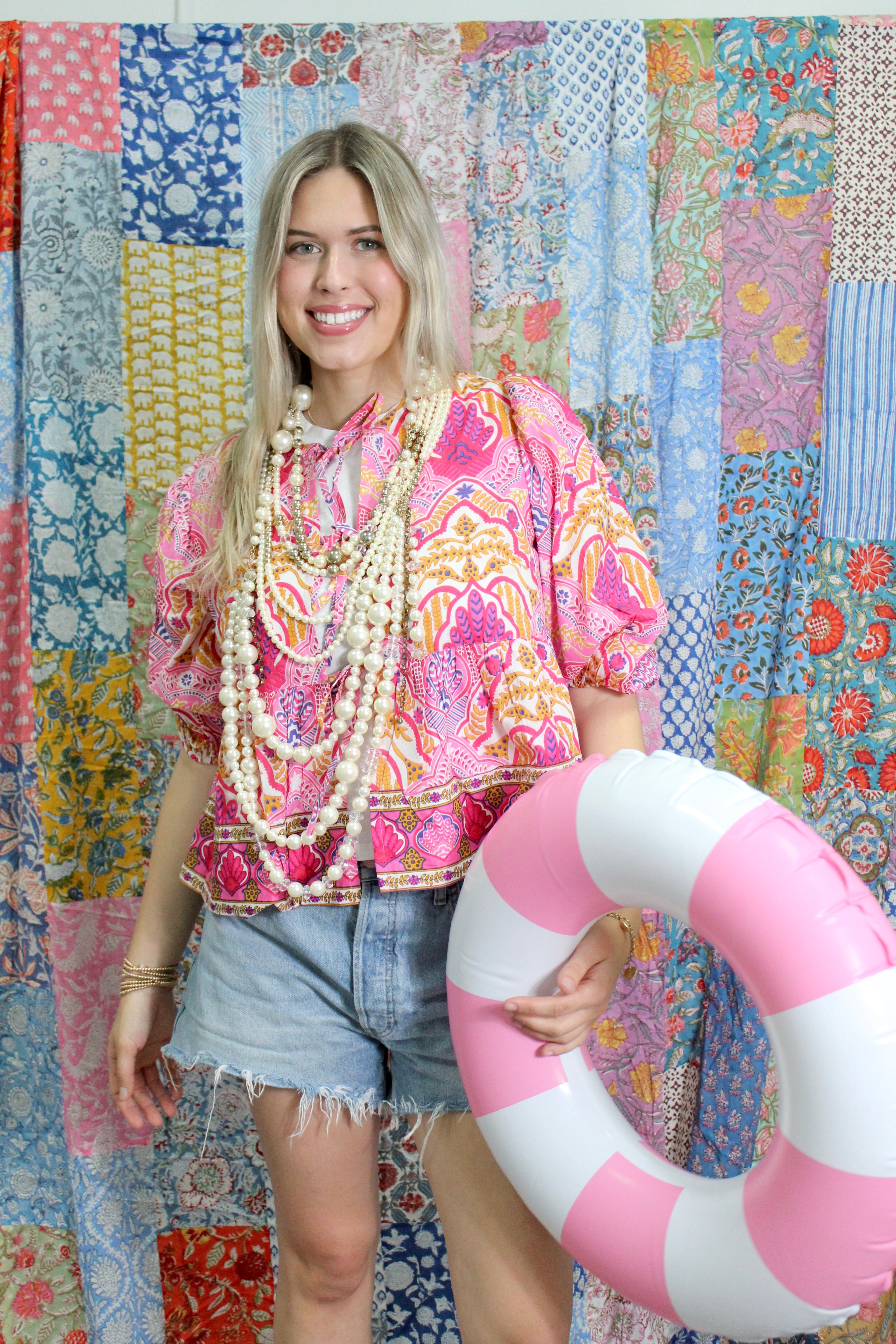 Ruffle Tie Top | Boho Medallion | Pink image 0