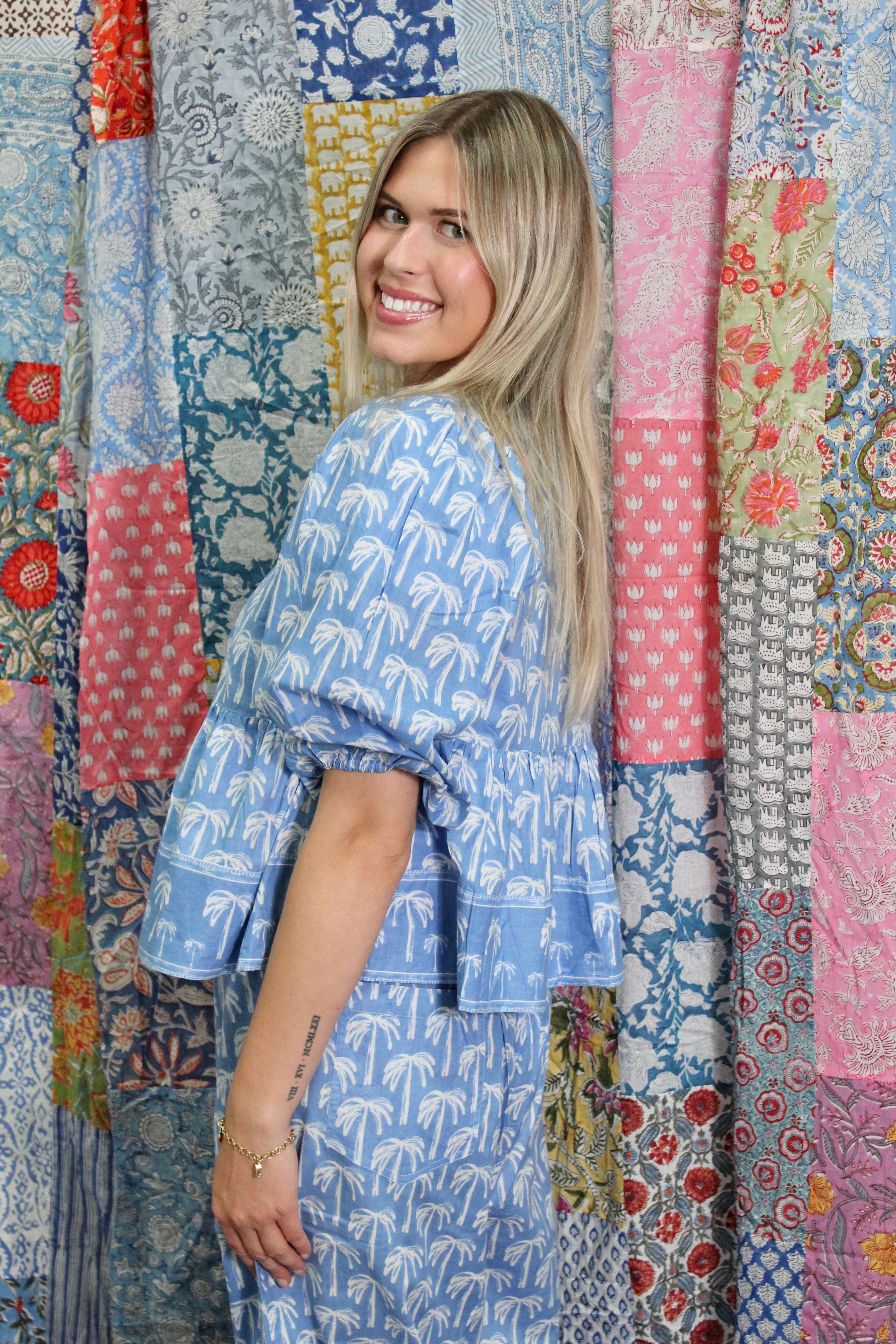 Ruffle Tie Top | Tropical Palm | Periwinkle image 1