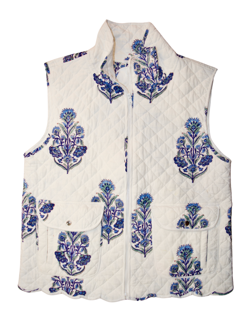 Quilted Scallop Vest | Floral Tree Bouquet | Blue image 0