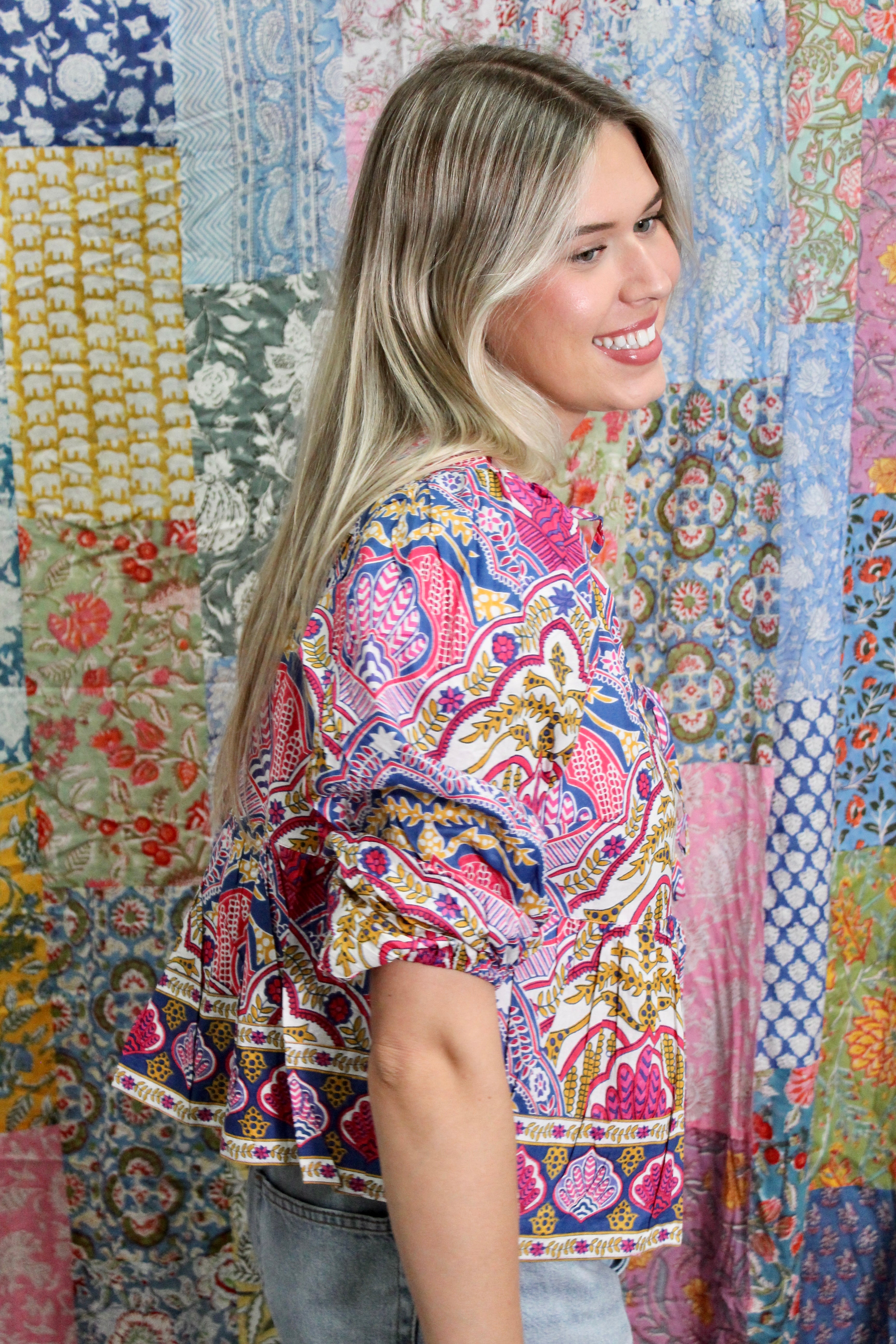 Ruffle Tie Top | Boho Medallion | Navy image 1