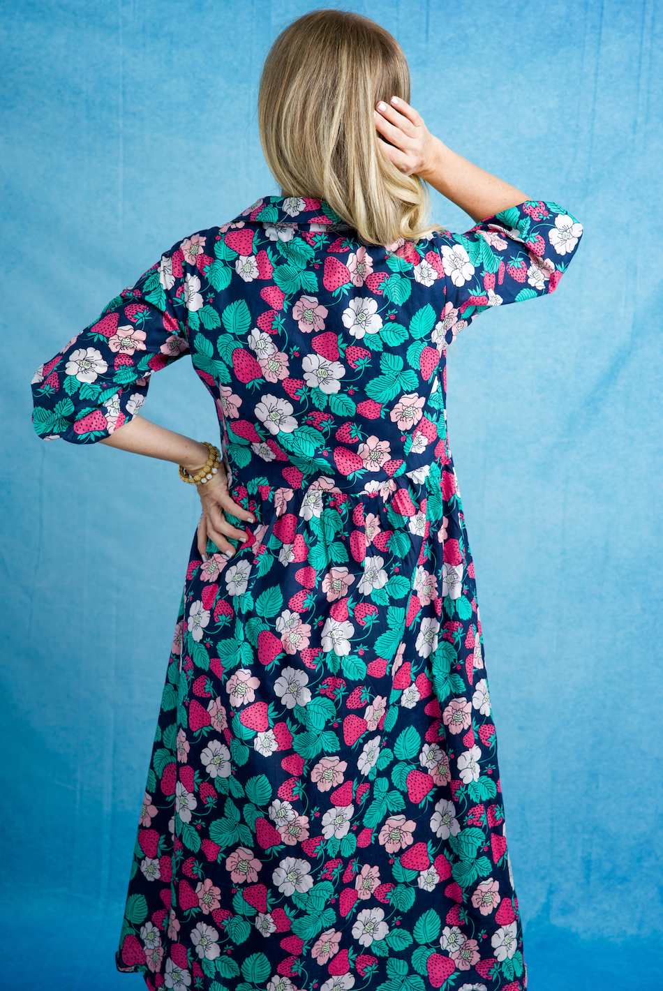 Scalloped Frannie Midi Dress | Vintage Strawberries | Navy image 1