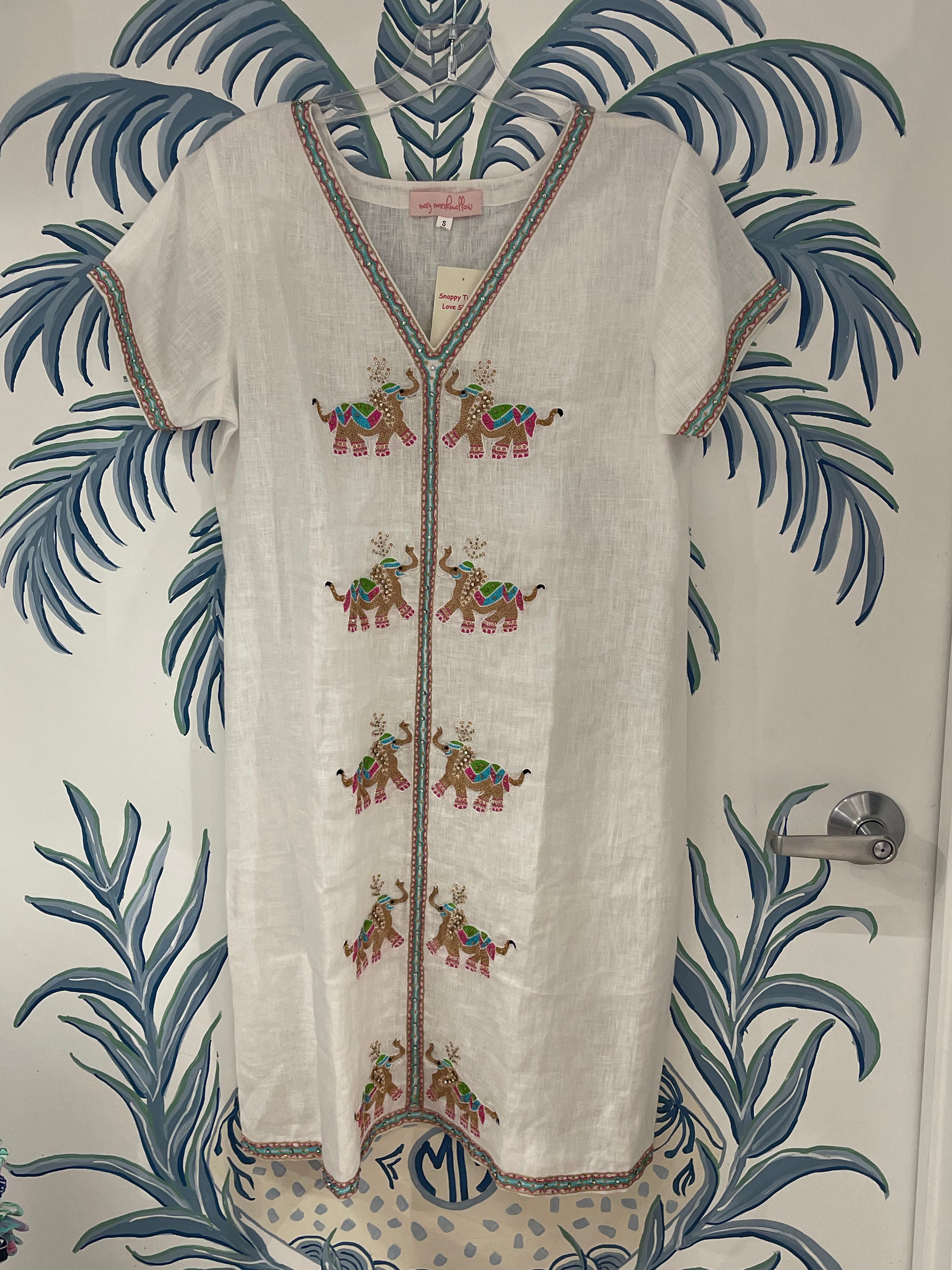 Beaded Linen Short Sleeve Dress | Elephants | White
