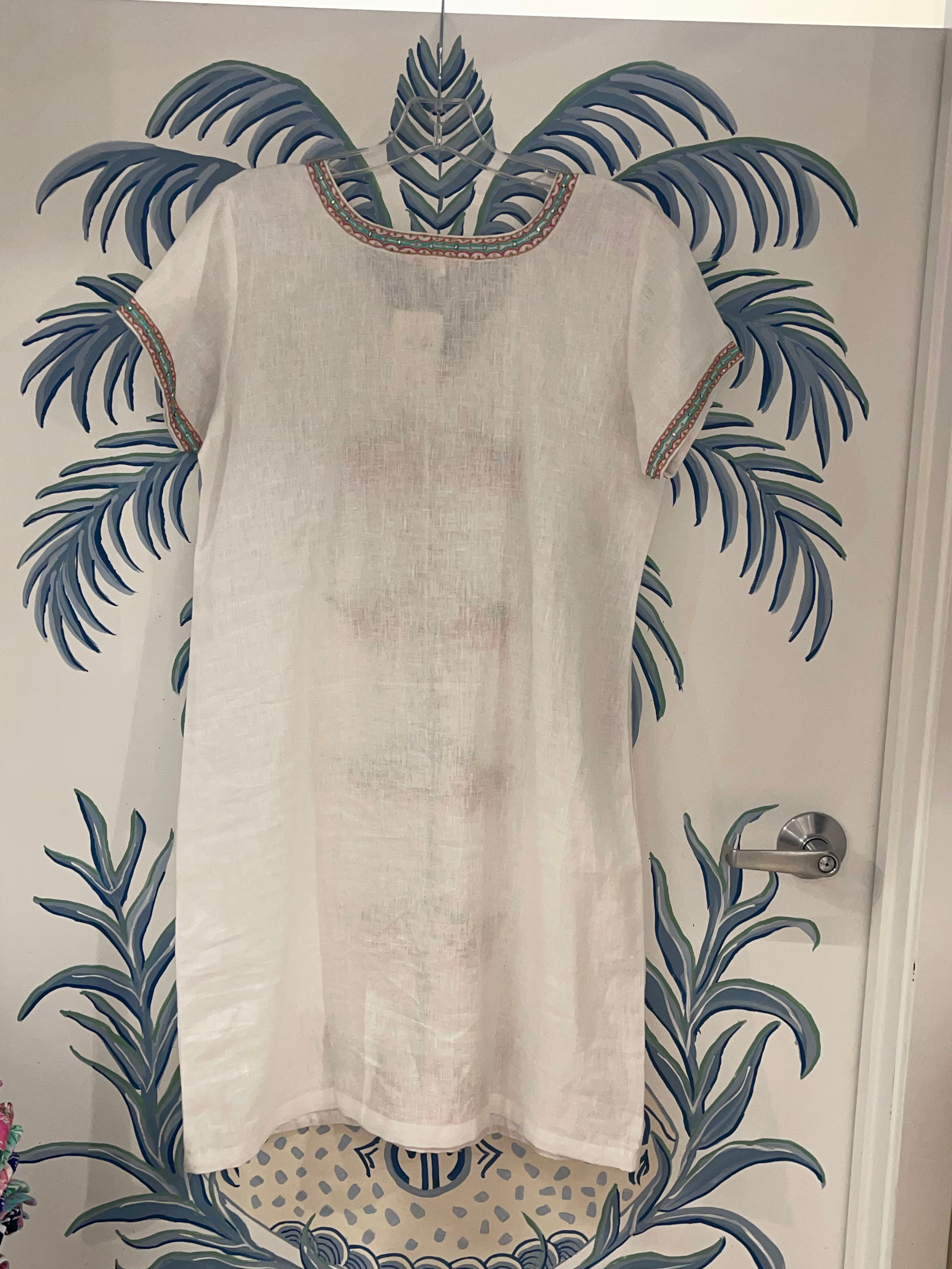 Beaded Linen Short Sleeve Dress | Elephants | White