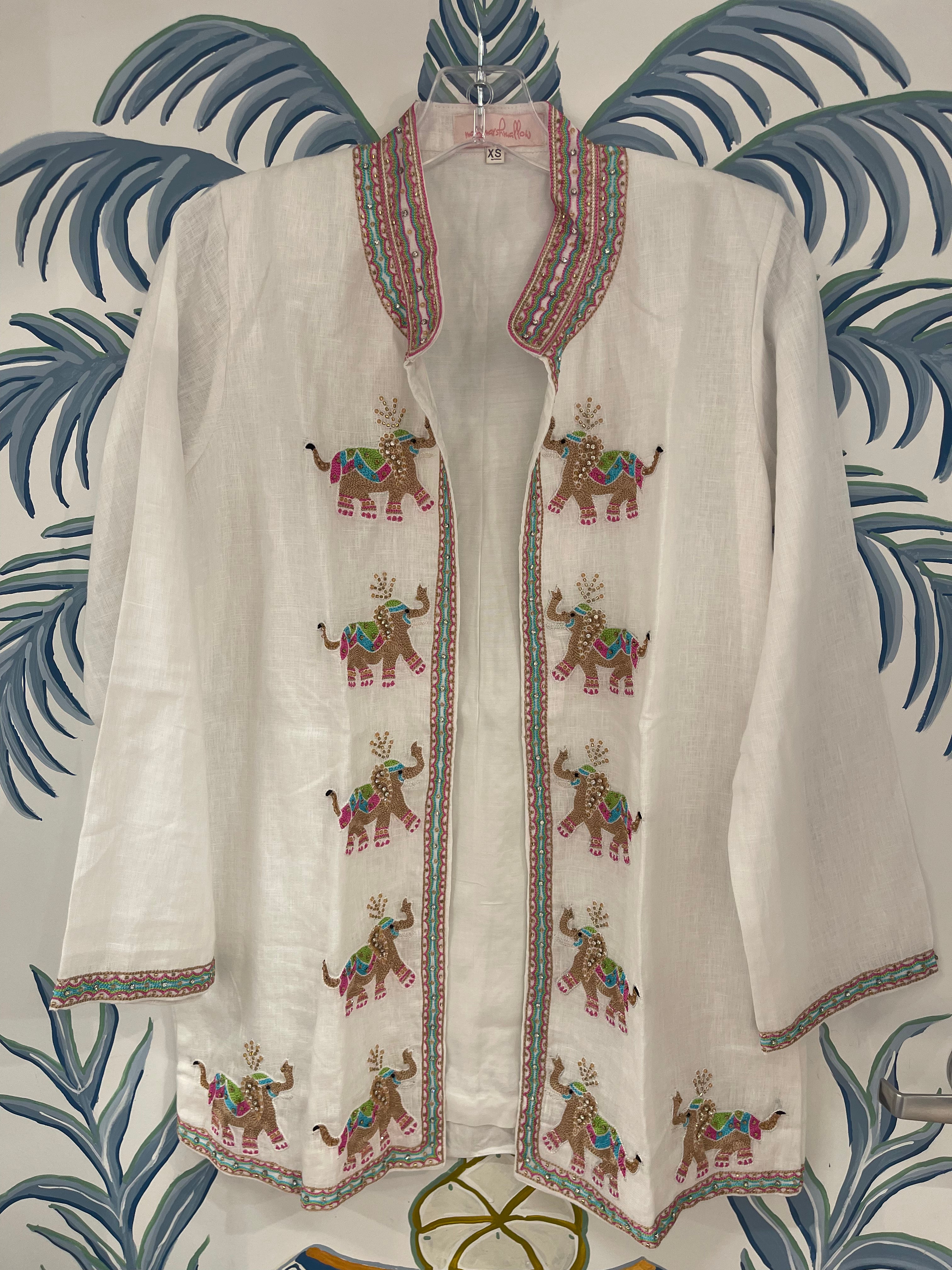Beaded Linen Jacket | Elephants | White